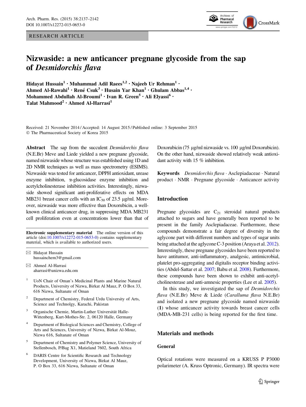 Nizwaside: a new anticancer pregnane glycoside from the sap of Desmidorchis flava by unknow