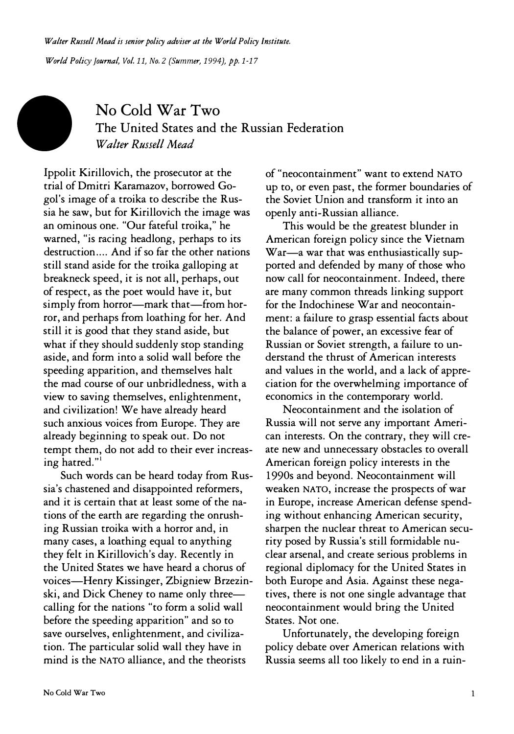 No Cold War 2 - United States and Russian Federation by Walter Russell Mead