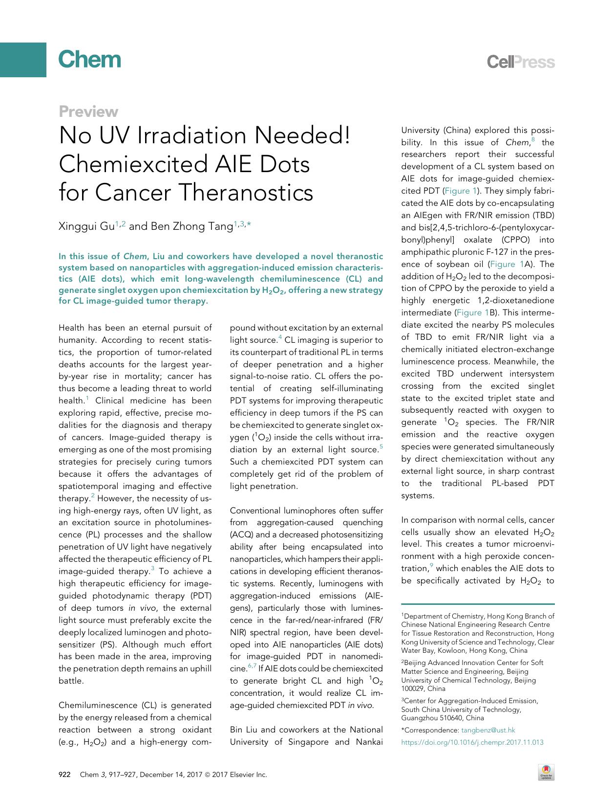 No UV Irradiation Needed! Chemiexcited AIE Dots for Cancer Theranostics by Xinggui Gu & Ben Zhong Tang