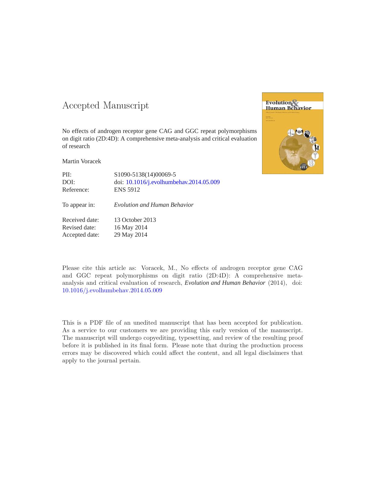 No effects of androgen receptor gene CAG and GGC repeat polymorphisms on digit ratio (2D:4D): A comprehensive meta-analysis and critical evaluation of research by Martin Voracek