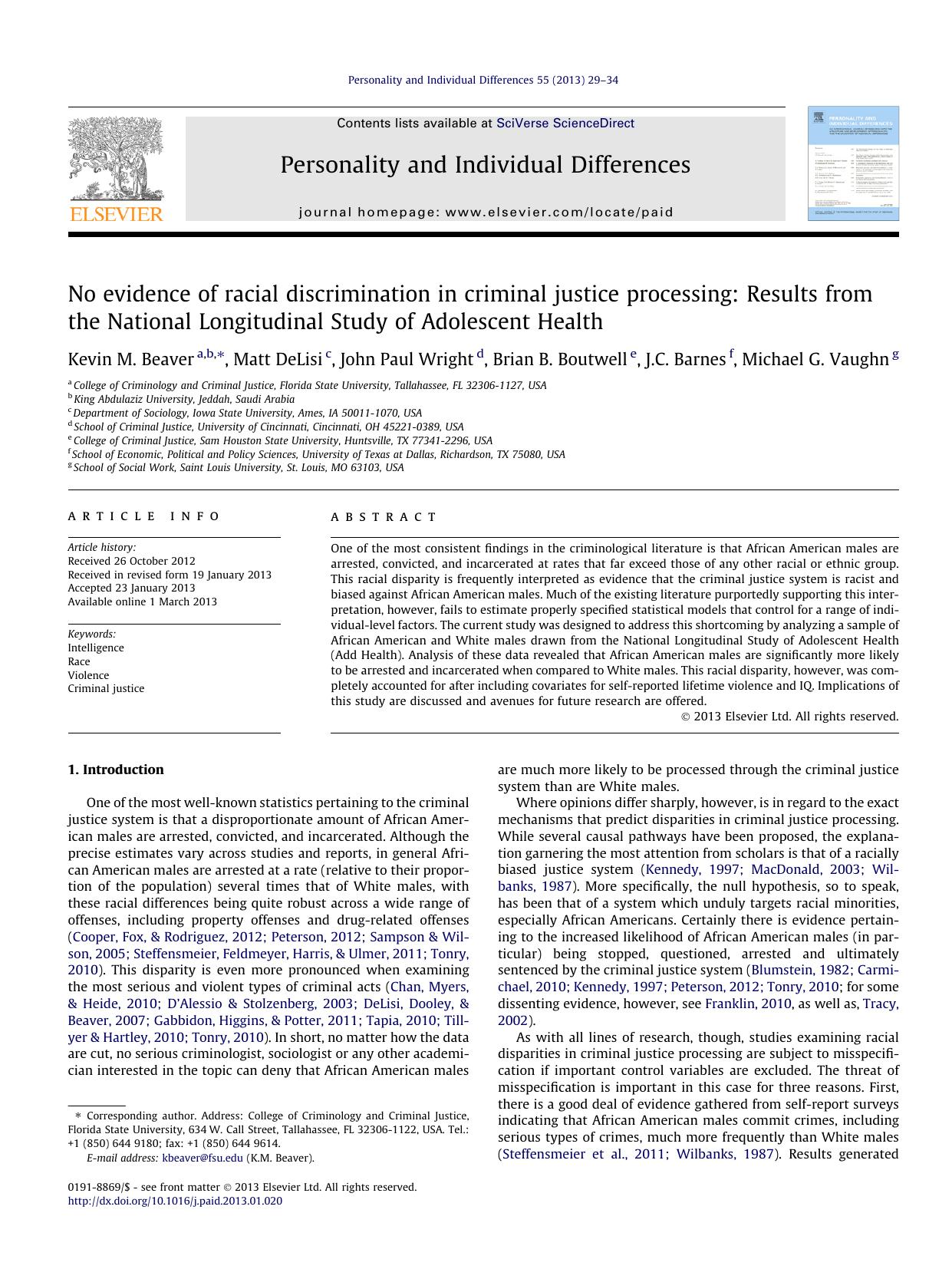 No evidence of racial discrimination in criminal justice processing: Results from the National Longitudinal Study of Adolescent Health by unknow