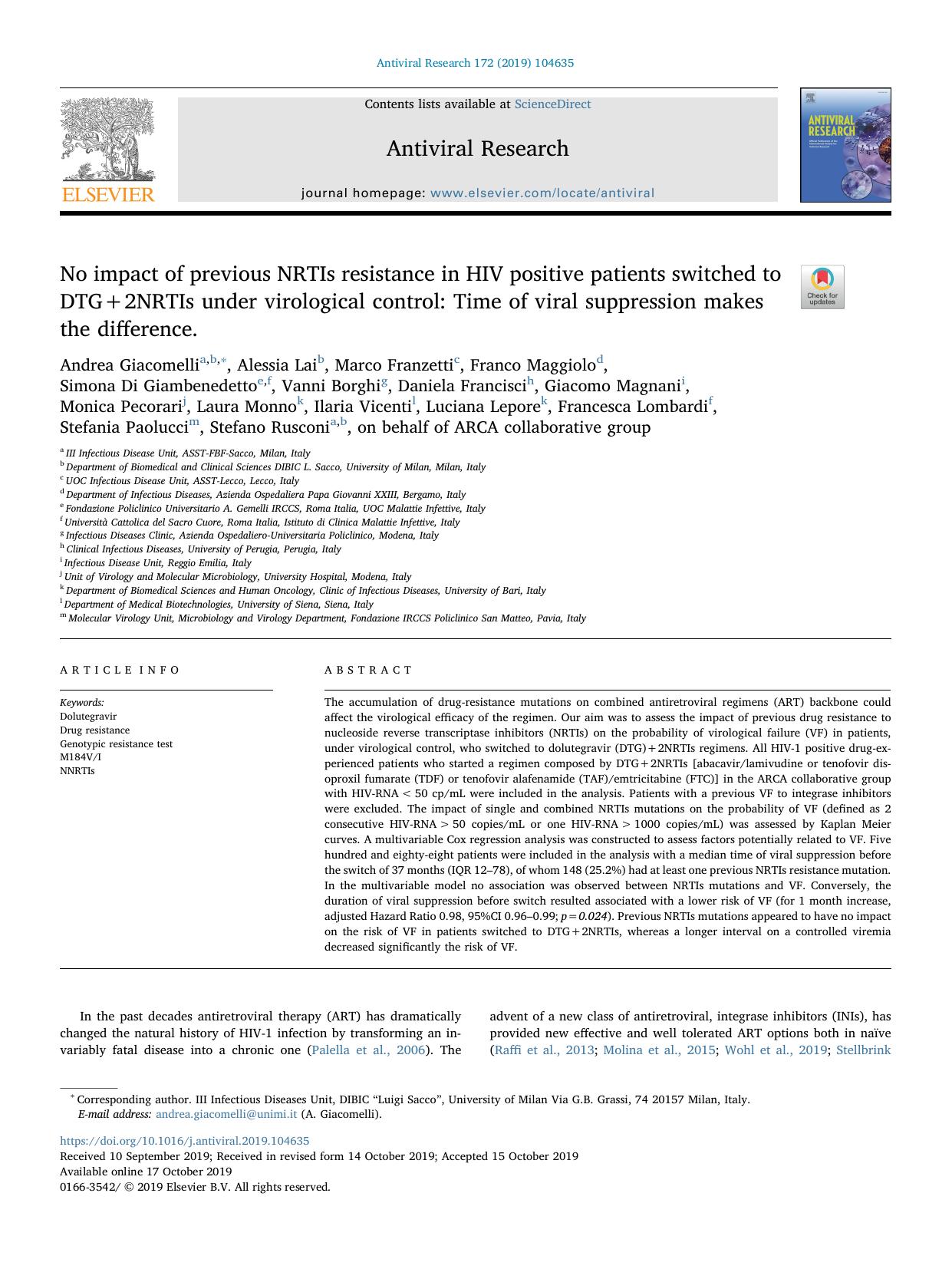 No impact of previous NRTIs resistance in HIV positive patients switched to DTG+2NRTIs under virological control_ Time of viral suppression makes the difference. by unknow