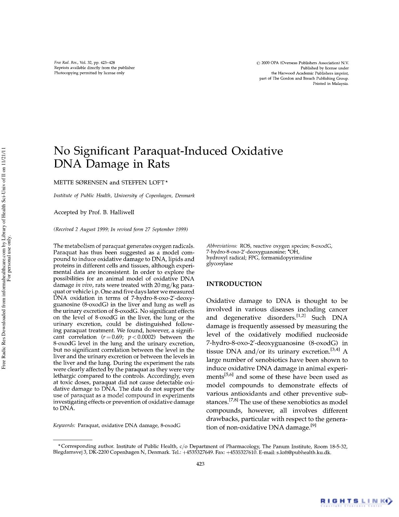 No significant paraquat-induced oxidative DNA damage in rats by Mette Sørensen & Steffen Loft