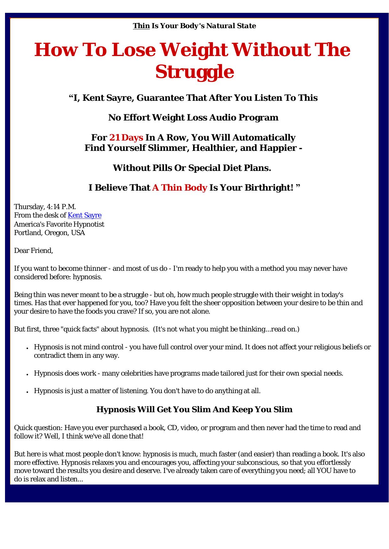 No-Effort Weight Loss Through Hypnosis. by Best of Kuszter's Collection