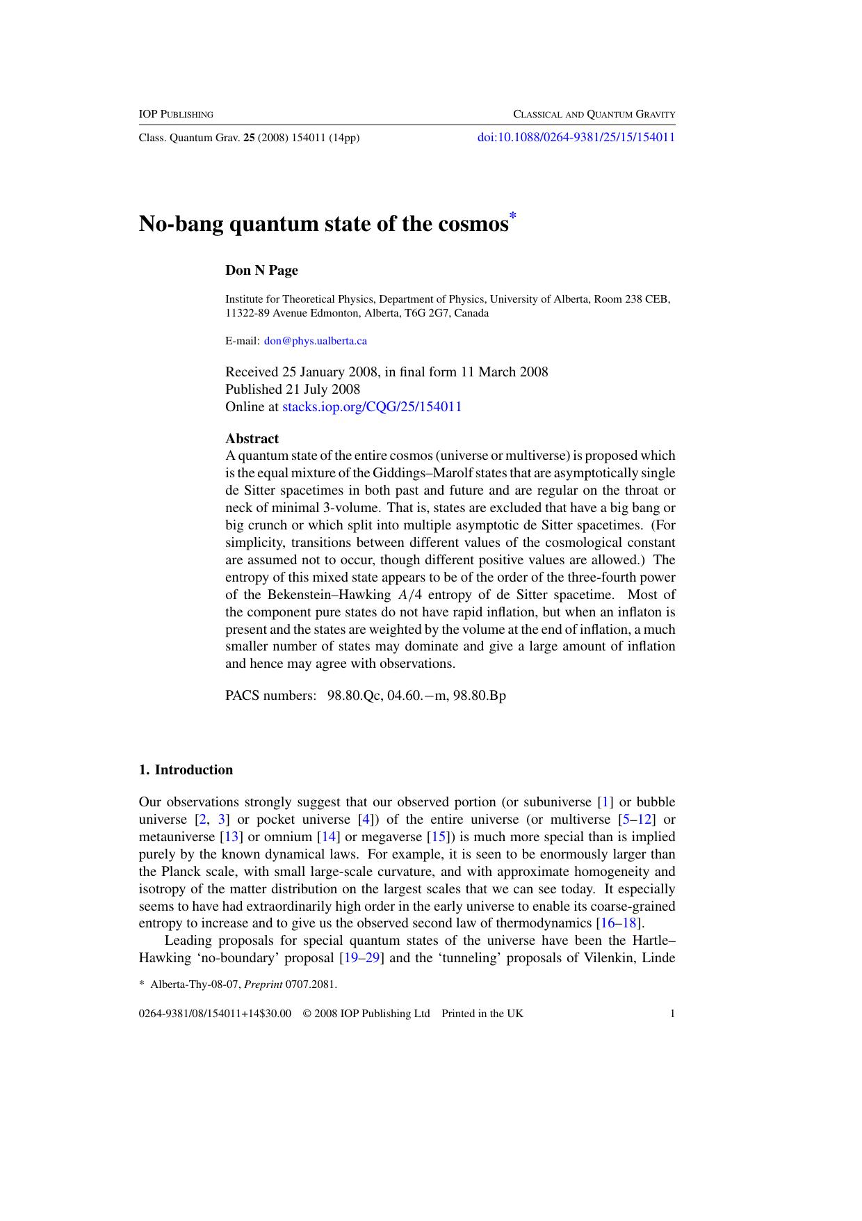No-bang quantum state of the cosmos by D N Page