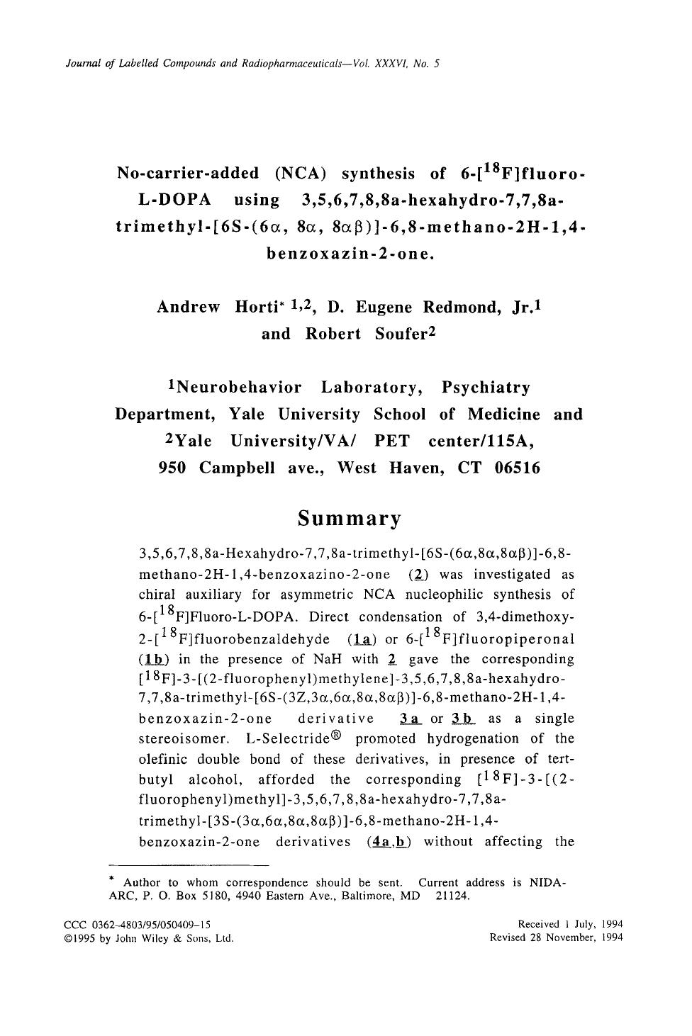No-carrier-added (NCA) synthesis of 6-[18F]fluoro-L-DOPA using 3,5,6,7,8,8a-hexahydro-7,7,8a-trimethyl-[6s-(6[alpha],8[alpha],8[alpha][beta])]-6,8-methano-2H-1,4-benzoxazin-2-one by Unknown