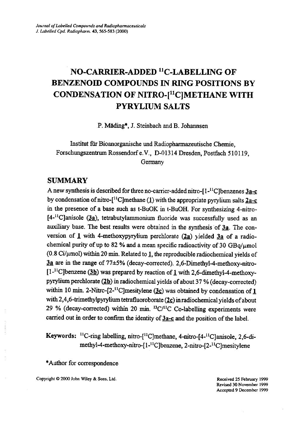 No-carrier-added 11C-labelling of benzenoid compounds in ring positions by condensation of nitro-[11C]methane with pyrylium salts by Unknown