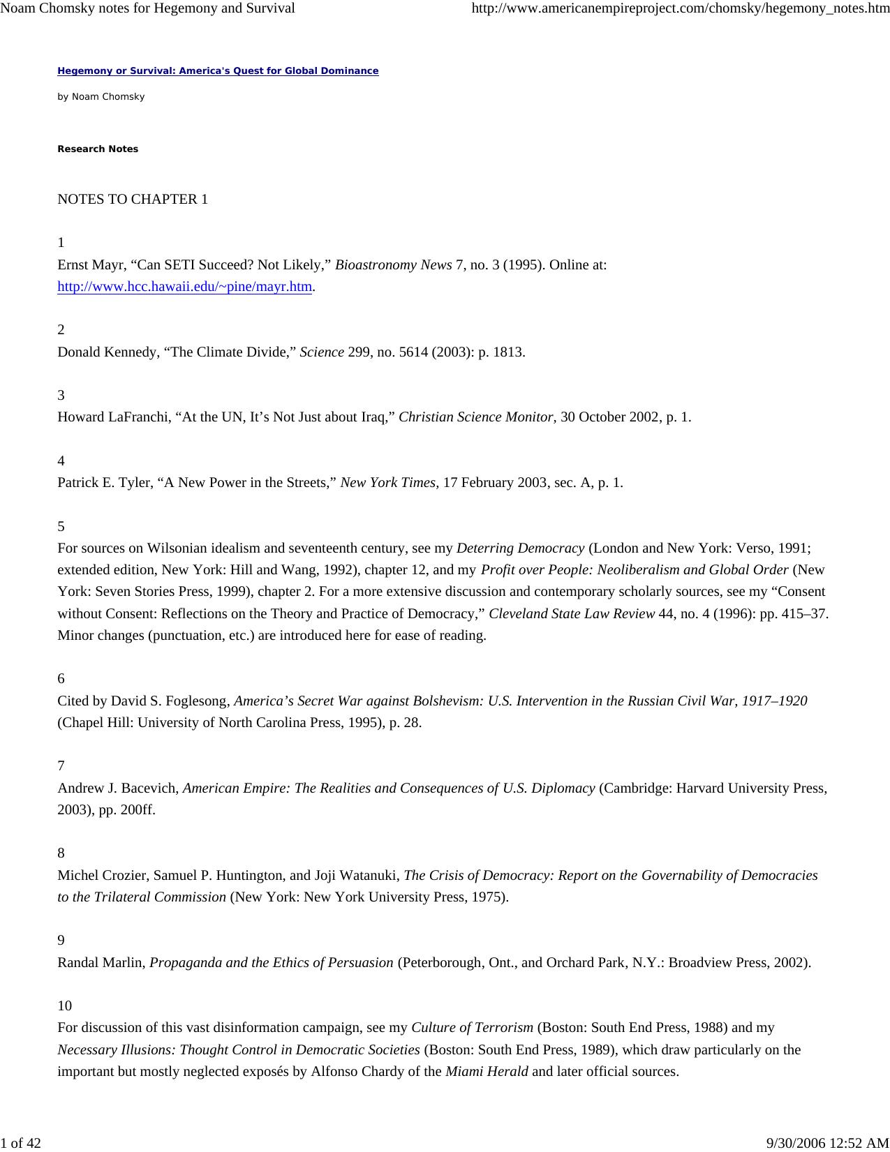Noam Chomsky notes for Hegemony and Survival by MJBerggr1504