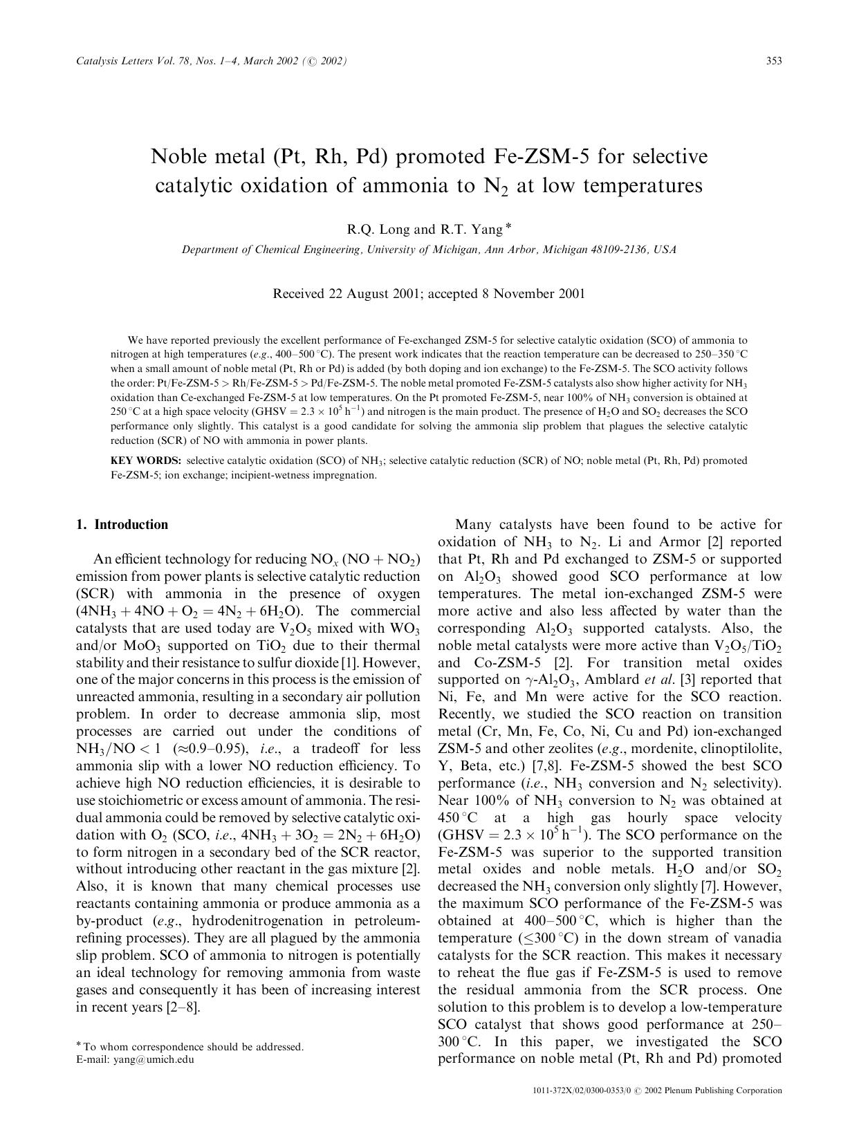 Noble Metal (Pt, Rh, Pd) Promoted Fe-ZSM-5 for Selective Catalytic Oxidation of Ammonia to N2 at Low Temperatures by Unknown
