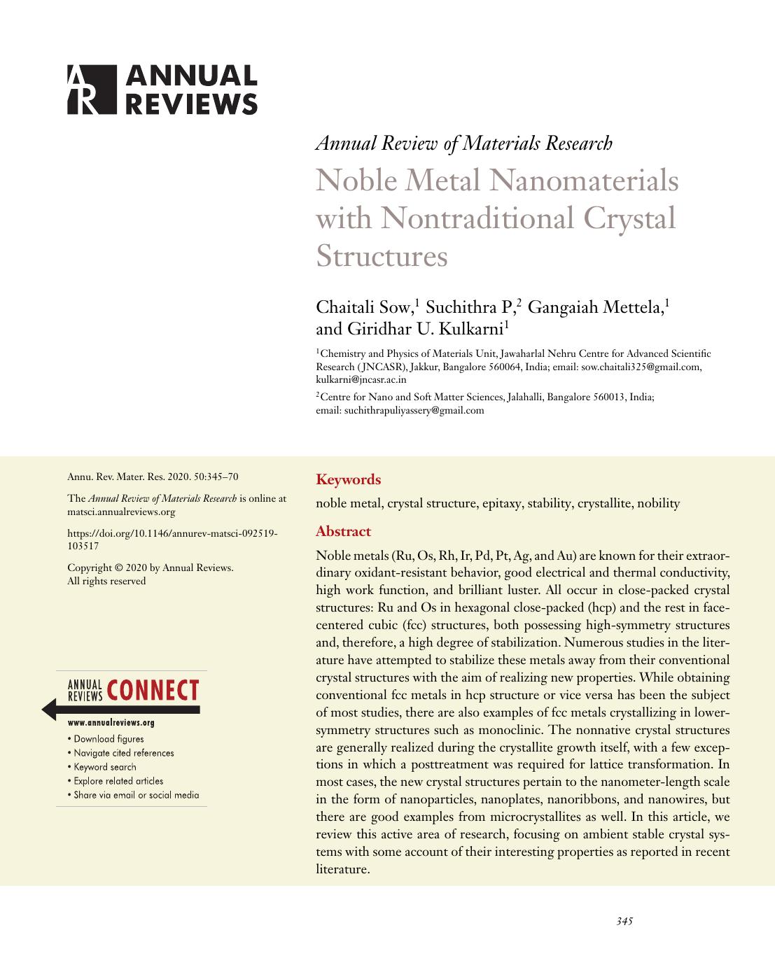 Noble Metal Nanomaterials with Nontraditional Crystal Structures by Chaitali Sow Suchithra P Gangaiah Mettela Giridhar U. Kulkarni