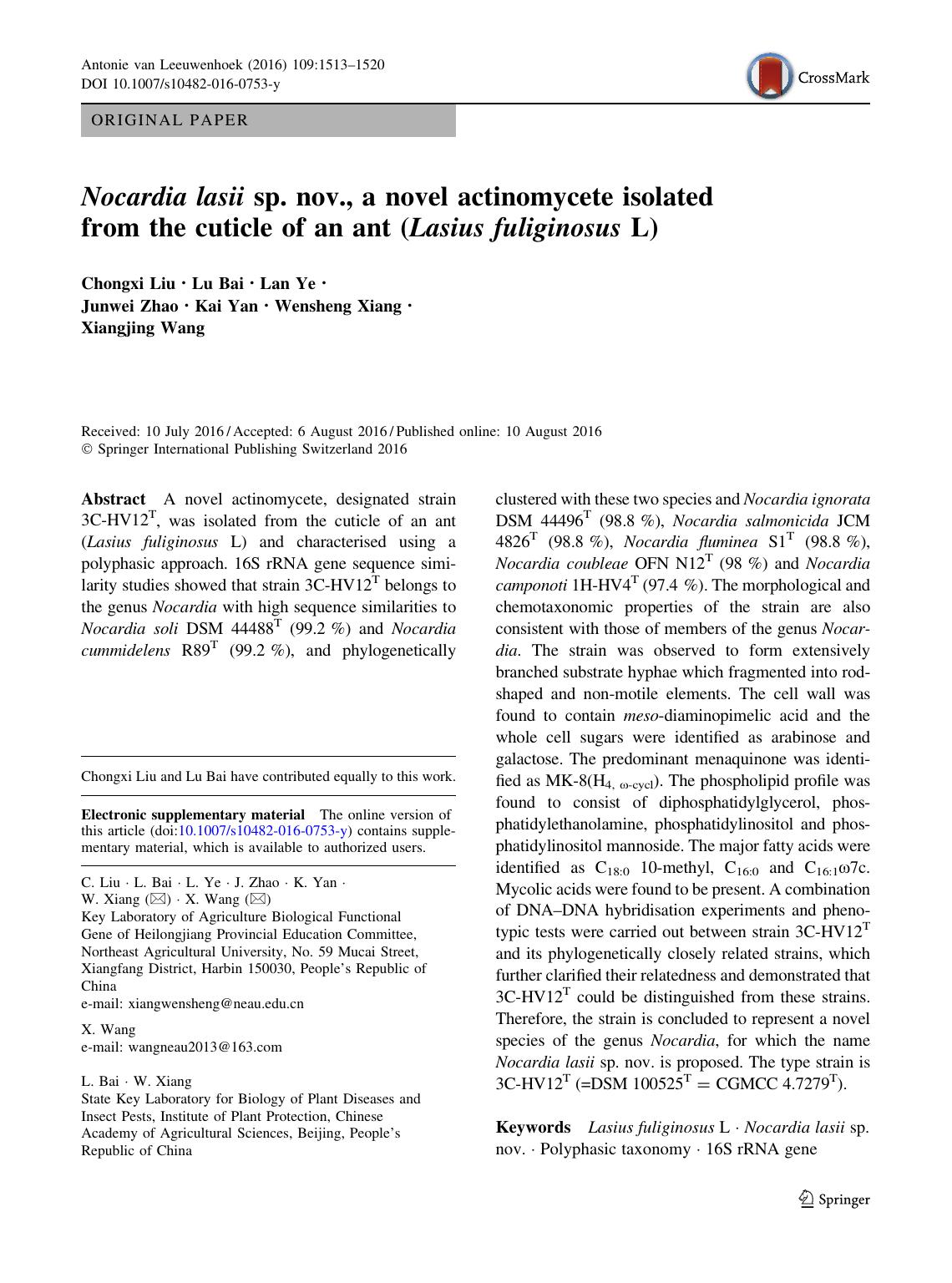 Nocardia lasii sp. nov., a novel actinomycete isolated from the cuticle of an ant (Lasius fuliginosus L) by Chongxi Liu & Lu Bai & Lan Ye & Junwei Zhao & Kai Yan & Wensheng Xiang & Xiangjing Wang
