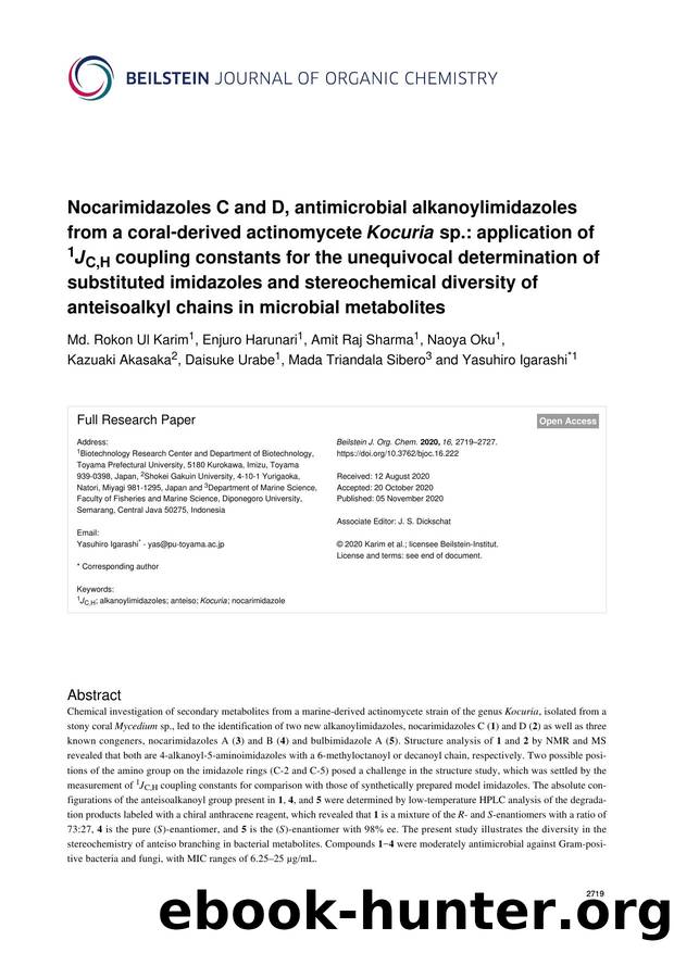 Nocarimidazoles C and D, antimicrobial alkanoylimidazoles from a coral-derived actinomycete Kocuria sp.: application of 1JC,H coupling constants for the unequivocal determination o by unknow