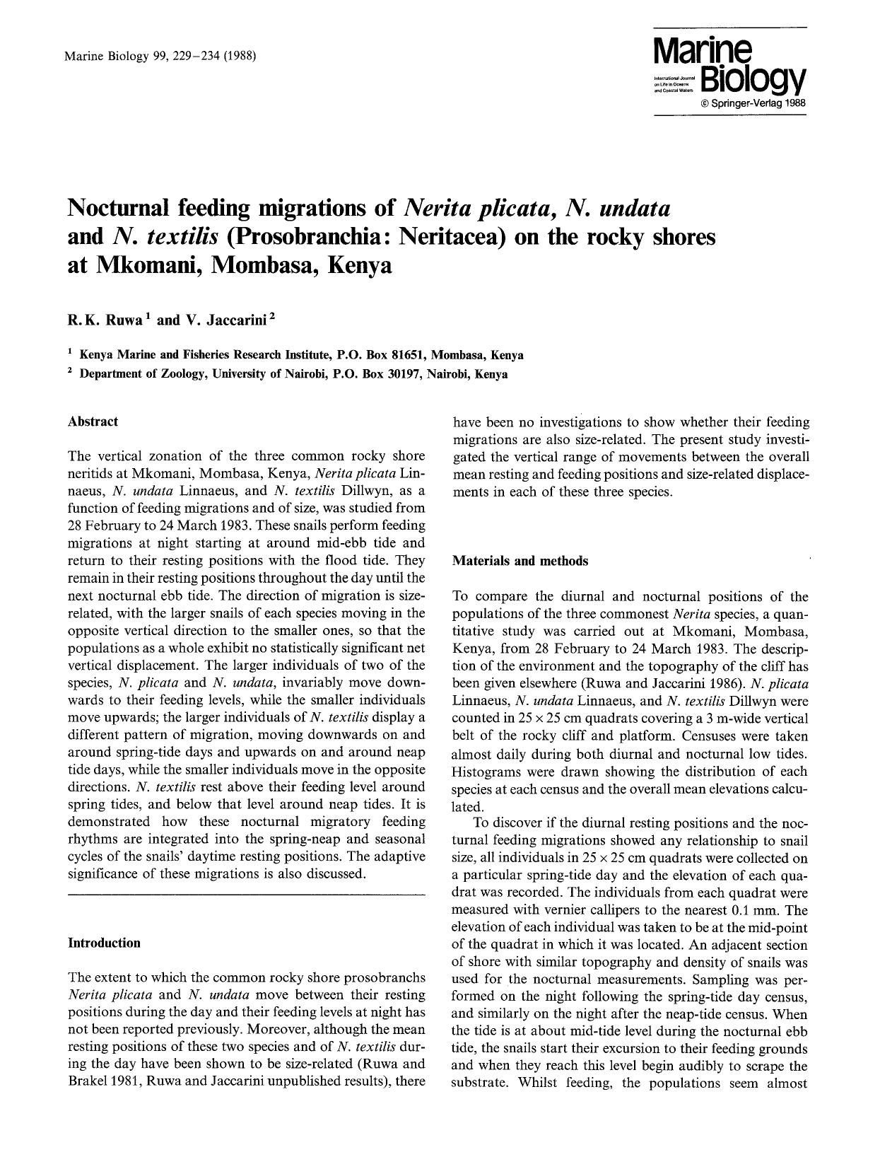 Nocturnal feeding migrations of <Emphasis Type="Italic">Nerita plicata, N. undata<Emphasis> and <Emphasis Type="Italic">N. textilis<Emphasis> (Prosobranchia: Neritacea) on the rock by Unknown