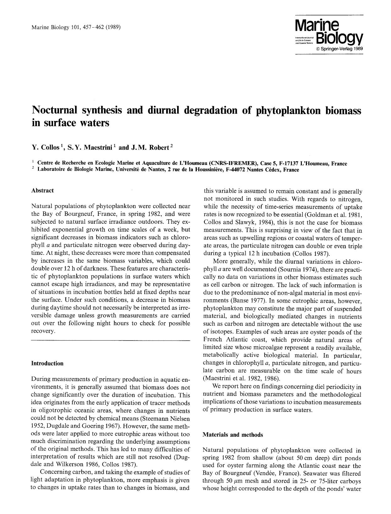 Nocturnal synthesis and diurnal degradation of phytoplankton biomass in surface waters by Unknown