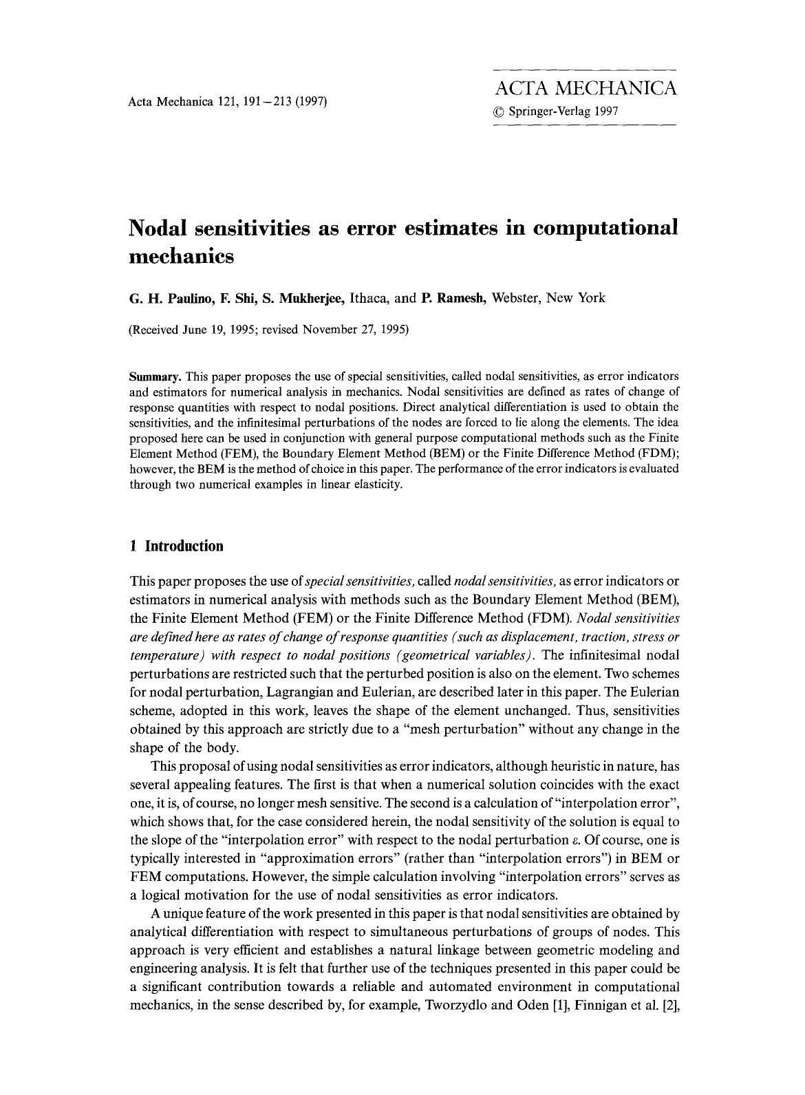 Nodal sensitivities as error estimates in computational mechanics by Unknown