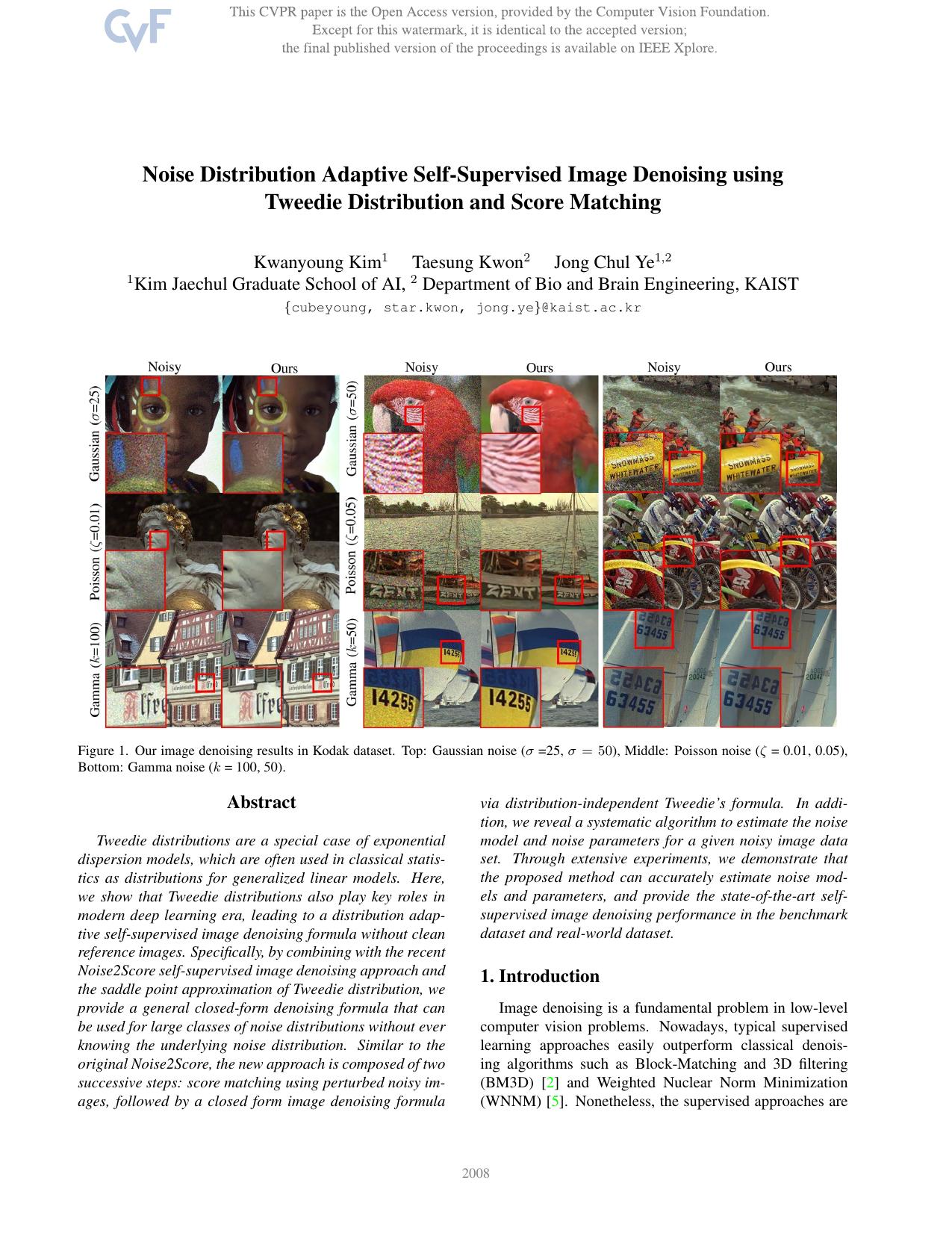 Noise Distribution Adaptive Self-Supervised Image Denoising Using Tweedie Distribution and Score Matching by Kwanyoung Kim & Taesung Kwon & Jong Chul Ye