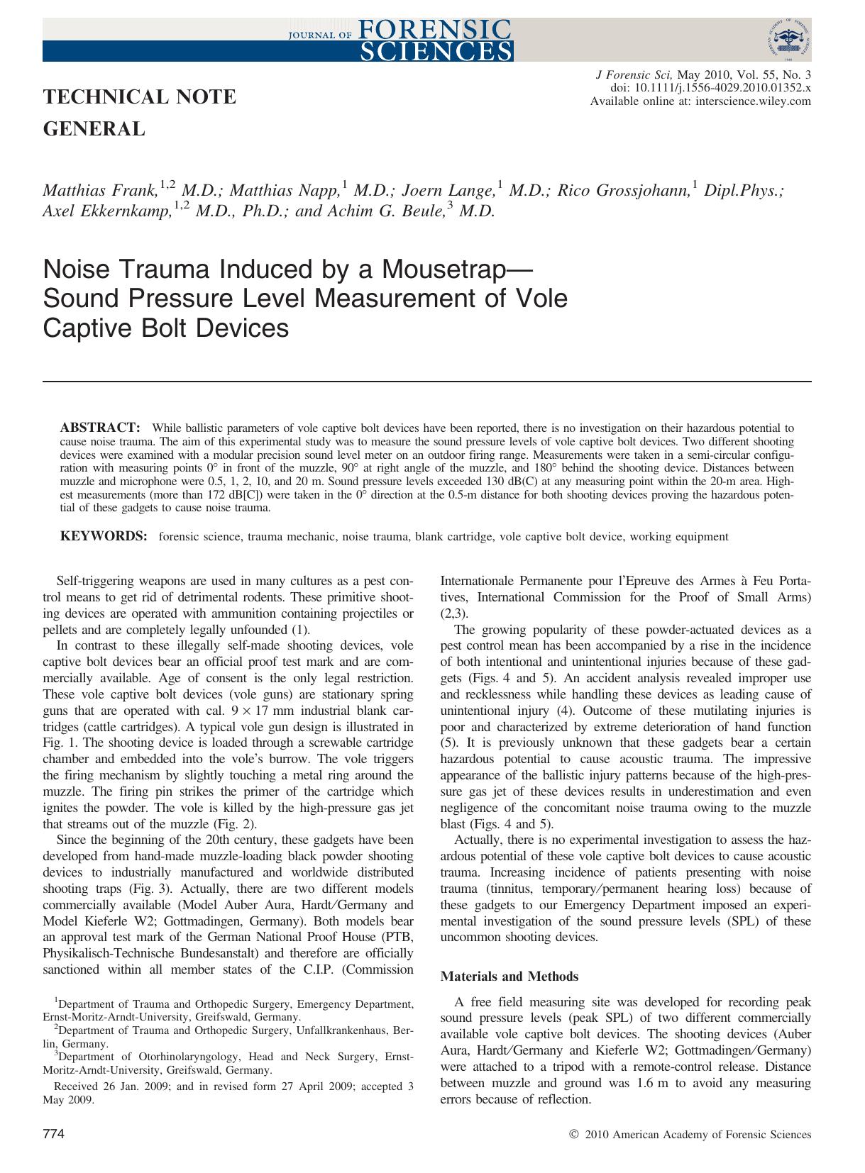 Noise Trauma Induced by a Mousetrap?Sound Pressure Level Measurement of Vole Captive Bolt Devices by Unknown