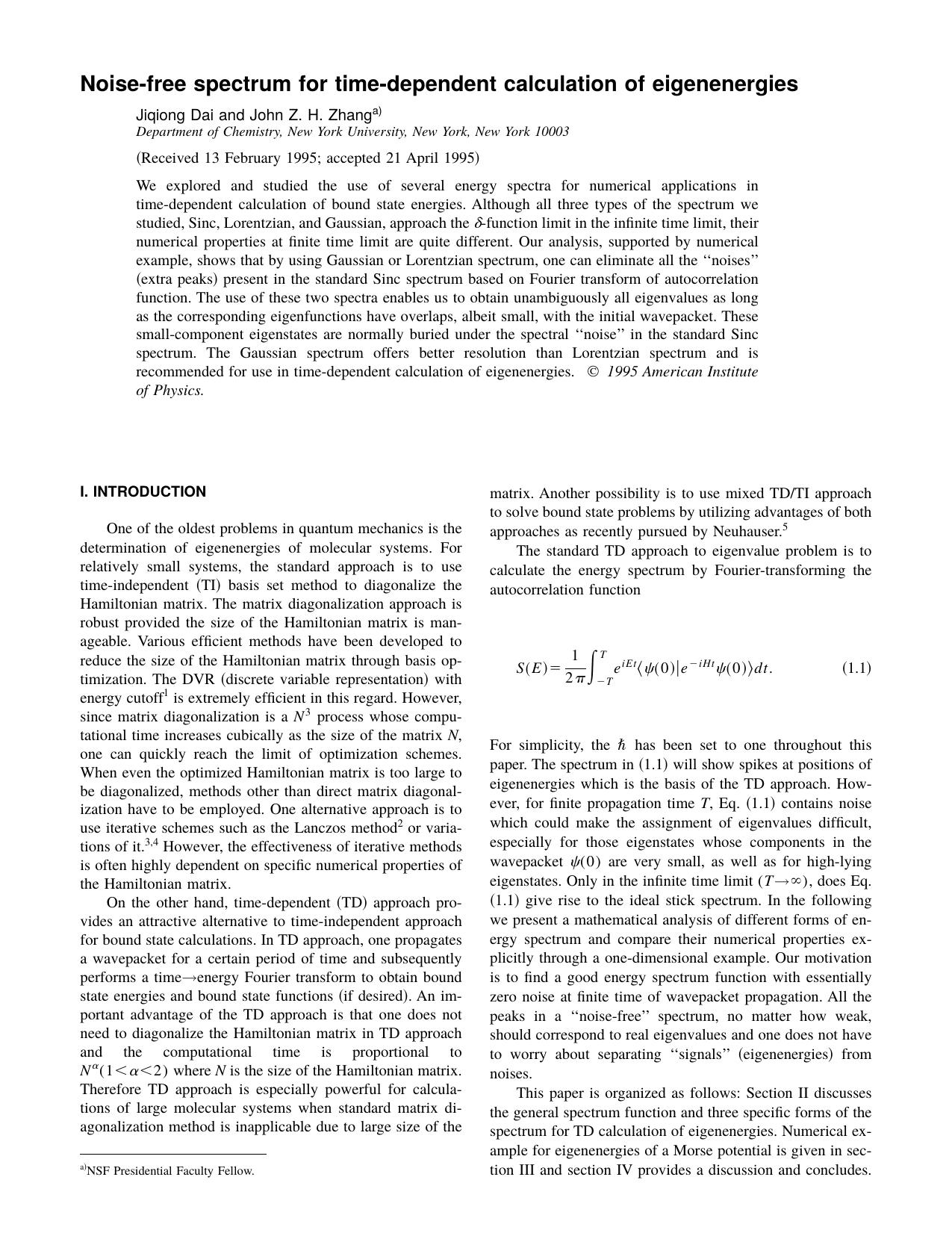 Noise-free spectrum for time-dependent calculation of eigenenergies by Jiqiong Dai and John Z. H. Zhang