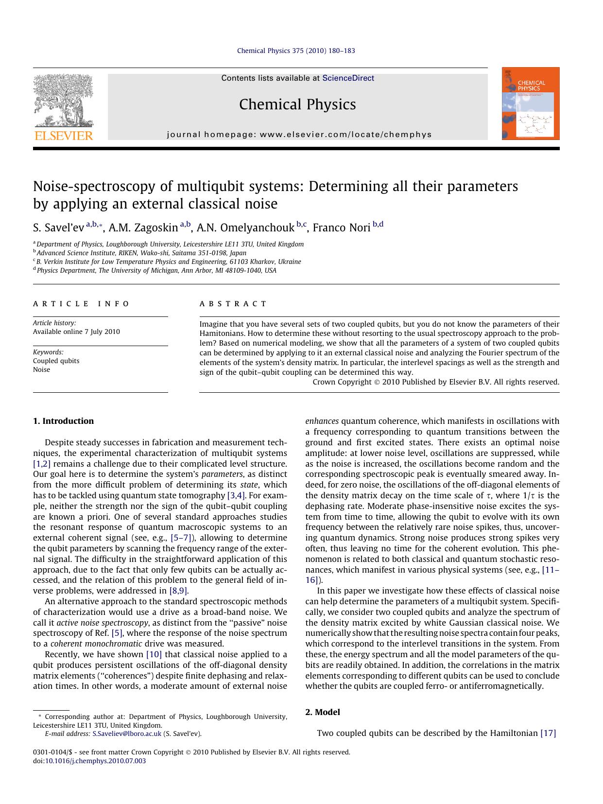 Noise-spectroscopy of multiqubit systems: Determining all their parameters by applying an external classical noise by S. Savelâ€™ev & A.M. Zagoskin & A.N. Omelyanchouk & Franco Nori