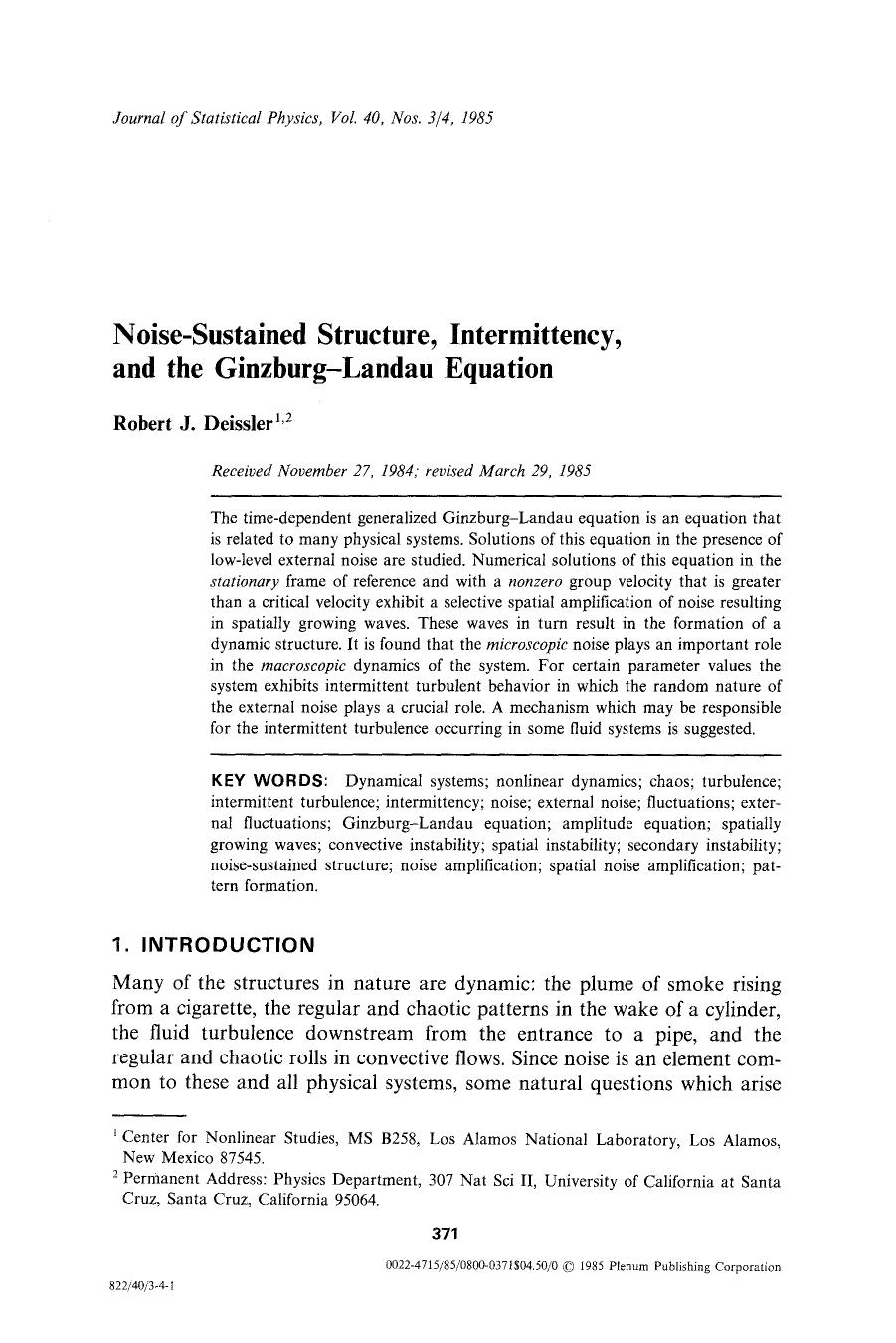 Noise-sustained structure, intermittency, and the Ginzburg-Landau equation by Unknown
