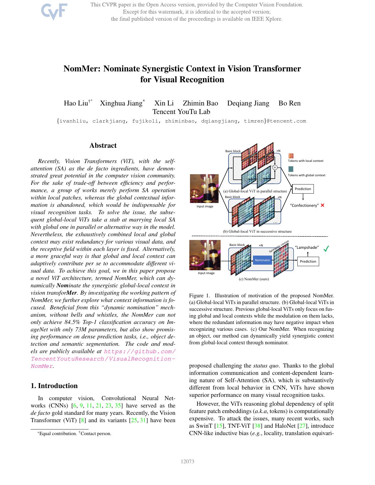 NomMer: Nominate Synergistic Context in Vision Transformer for Visual Recognition by Hao Liu & Xinghua Jiang & Xin Li & Zhimin Bao & Deqiang Jiang & Bo Ren
