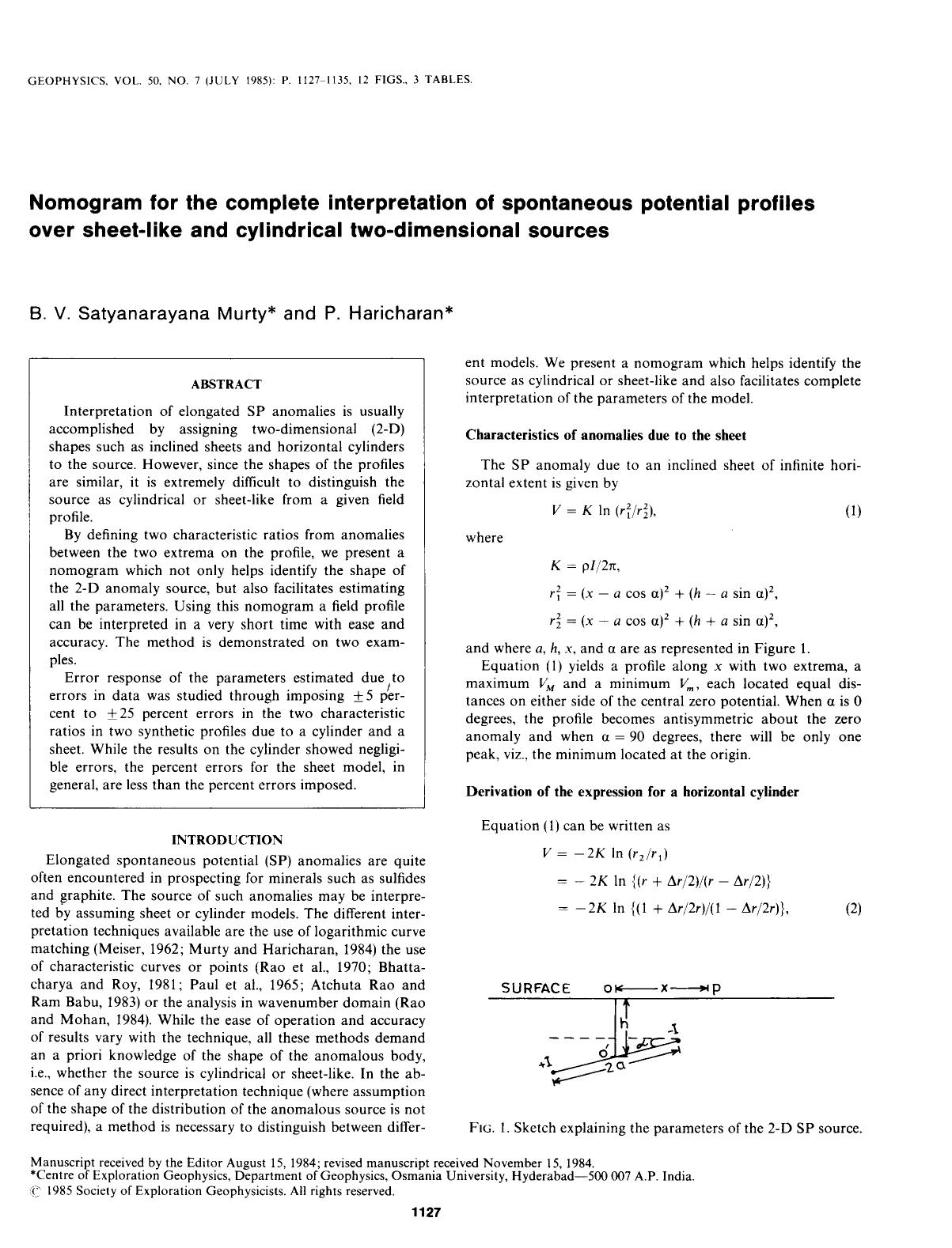 Nomogram for the complete interpretation of spontaneous potential profiles over sheet-like and cylindrical two-dimensional sources by Murty B. V. S.; Haricharan P