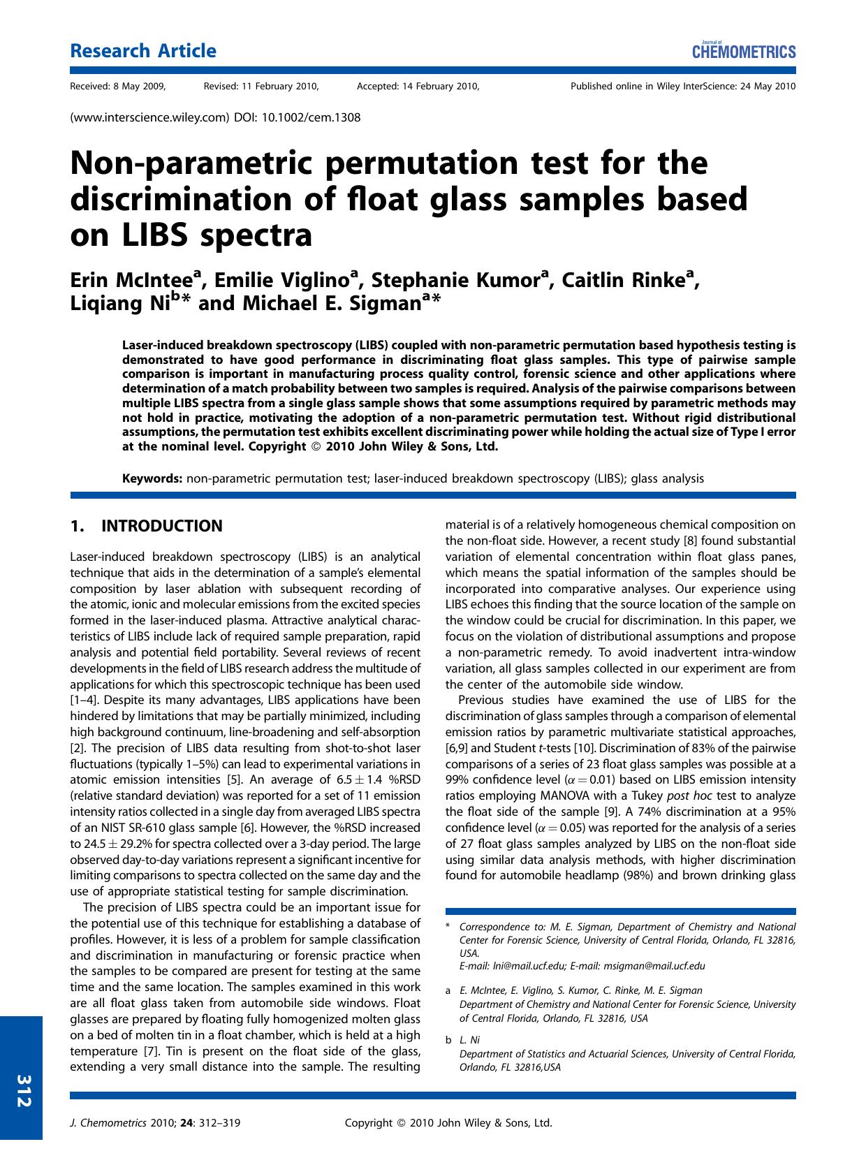 Non?parametric permutation test for the discrimination of float glass samples based on LIBS spectra by Unknown