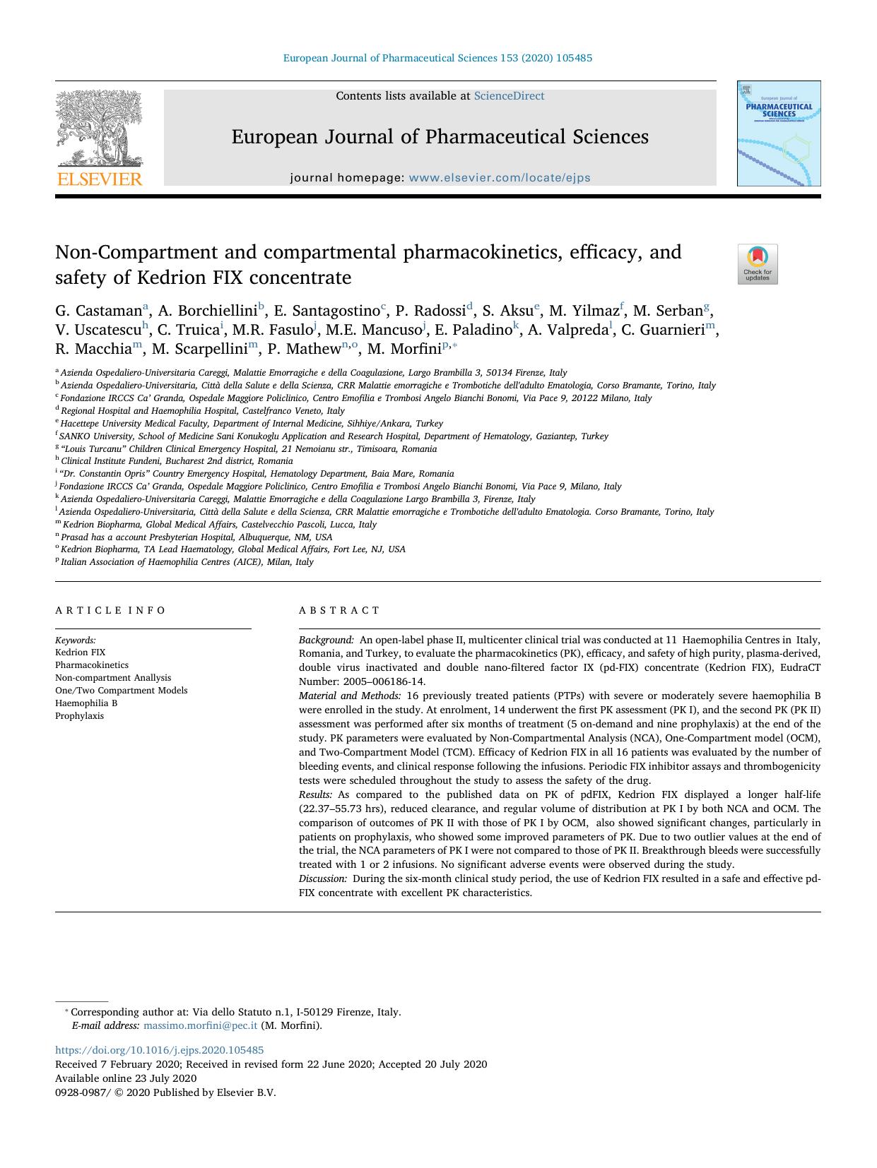 Non-Compartment and compartmental pharmacokinetics, efficacy, and safety of Kedrion FIX concentrate by unknow