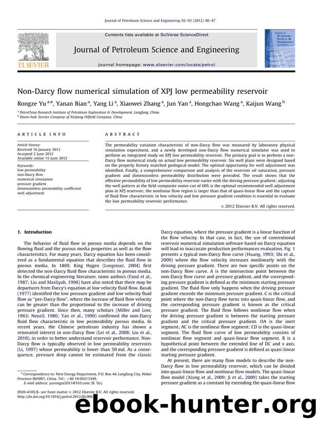 Non-Darcy flow numerical simulation of XPJ low permeability reservoir by Rongze Yu & Yanan Bian & Yang Li & Xiaowei Zhang & Jun Yan & Hongchao Wang & Kaijun Wang