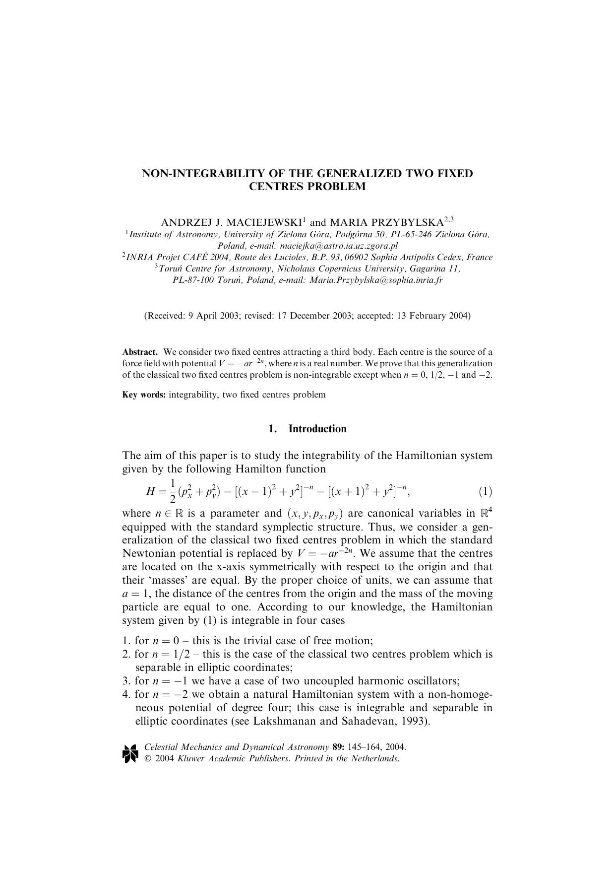 Non-Integrability of the Generalized Two Fixed Centres Problem by Unknown