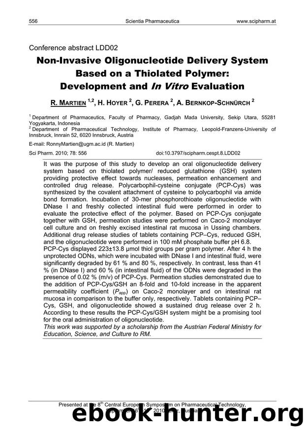 Non-Invasive Oligonucleotide Delivery System Based on a Thiolated Polymer: Development and In Vitro Evaluation by R. MARTIEN & H. HOYER & G. PERERA & A. BERNKOP-SCHNÜRCH