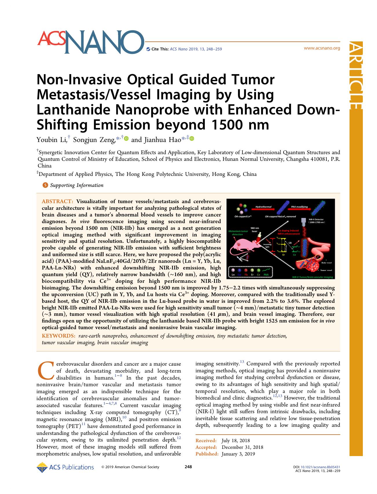 Non-Invasive Optical Guided Tumor MetastasisVessel Imaging by Using Lanthanide Nanoprobe with Enhanced Down-Shifting Emission beyond 1500 nm by Youbin Li Songjun Zeng and Jianhua Hao