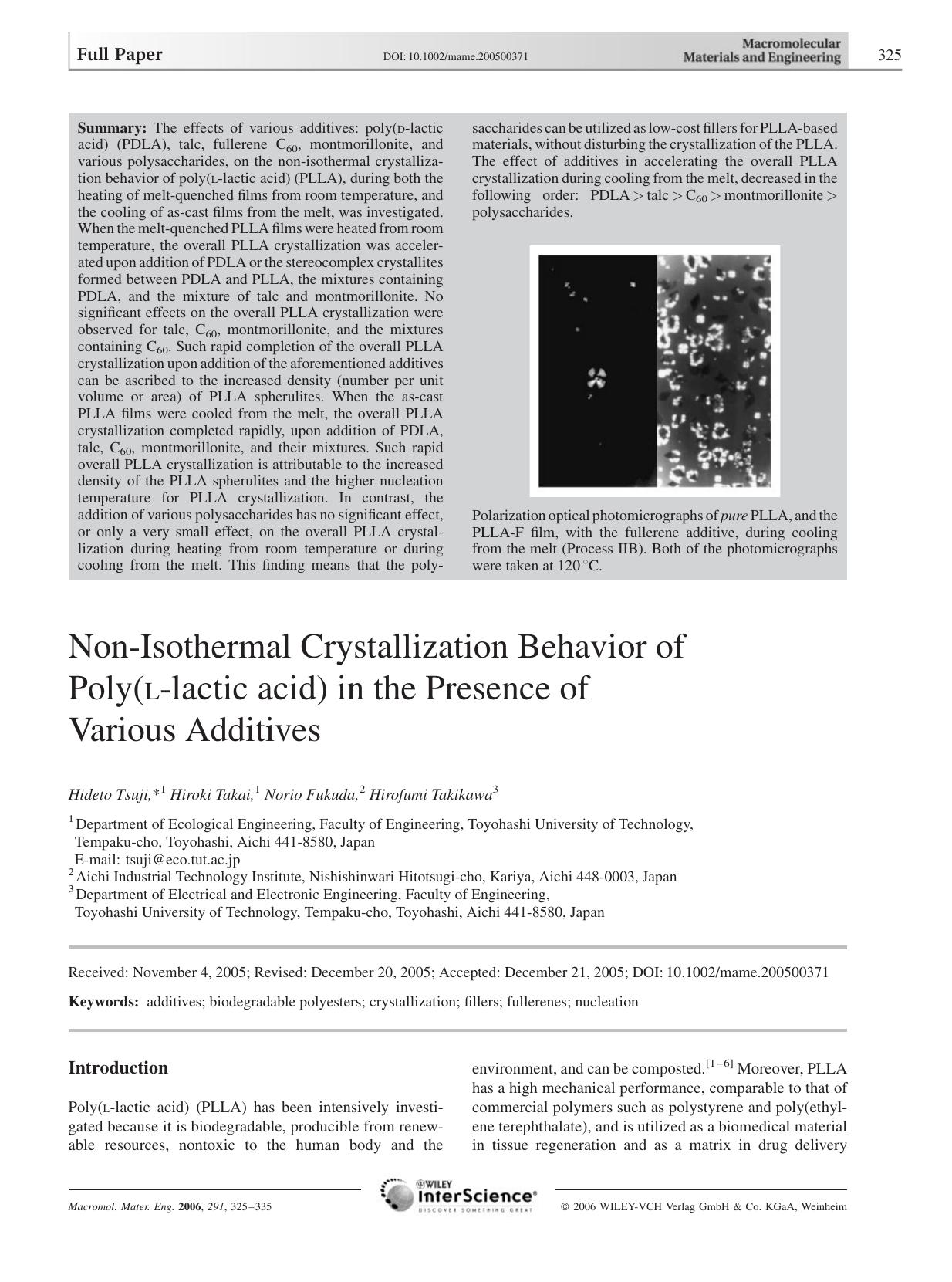 Non-Isothermal Crystallization Behavior of Poly(L-lactic acid) in the Presence of Various Additives by Unknown