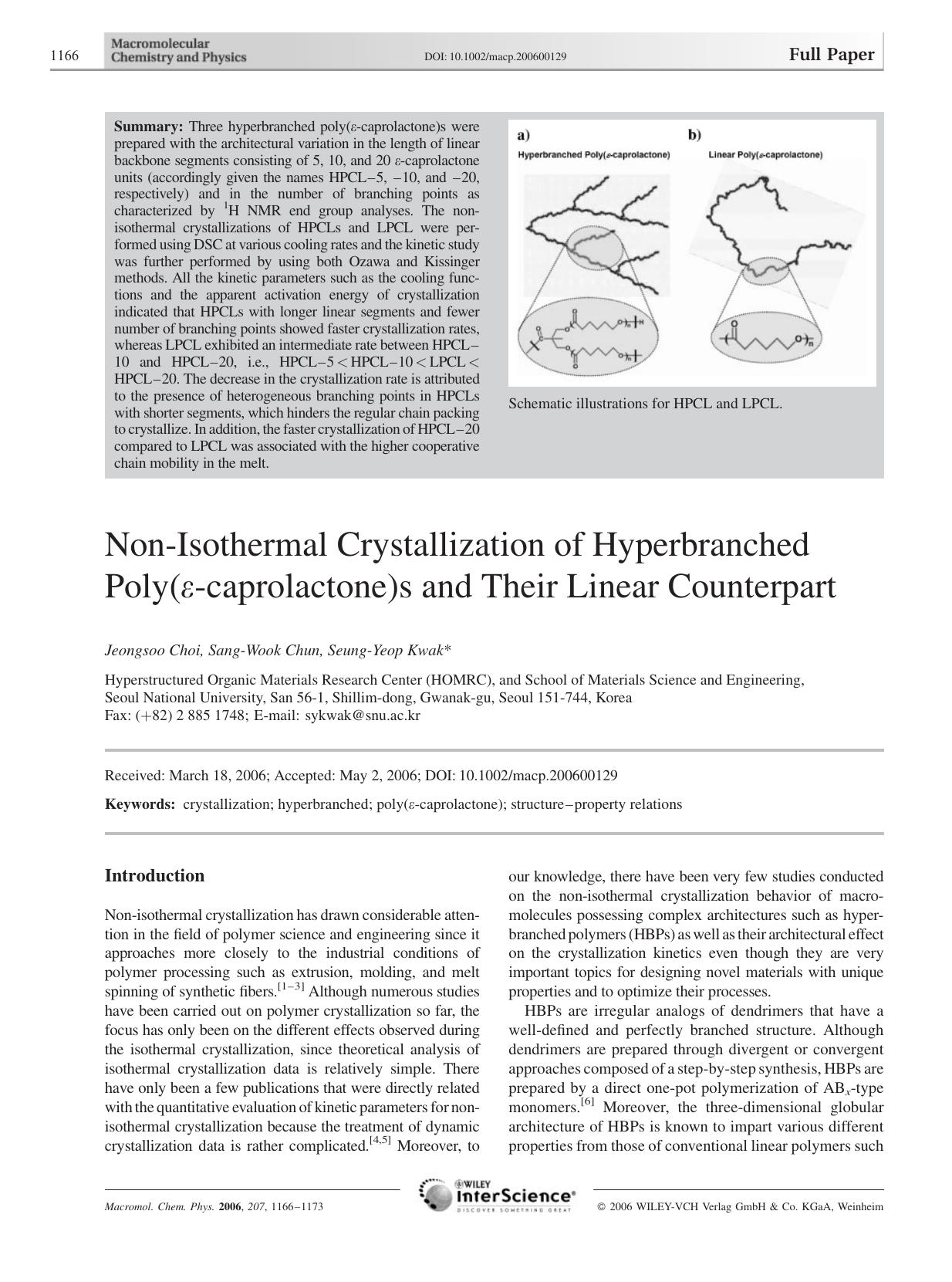 Non-Isothermal Crystallization of Hyperbranched Poly([epsiv]-caprolactone)s and Their Linear Counterpart by Unknown