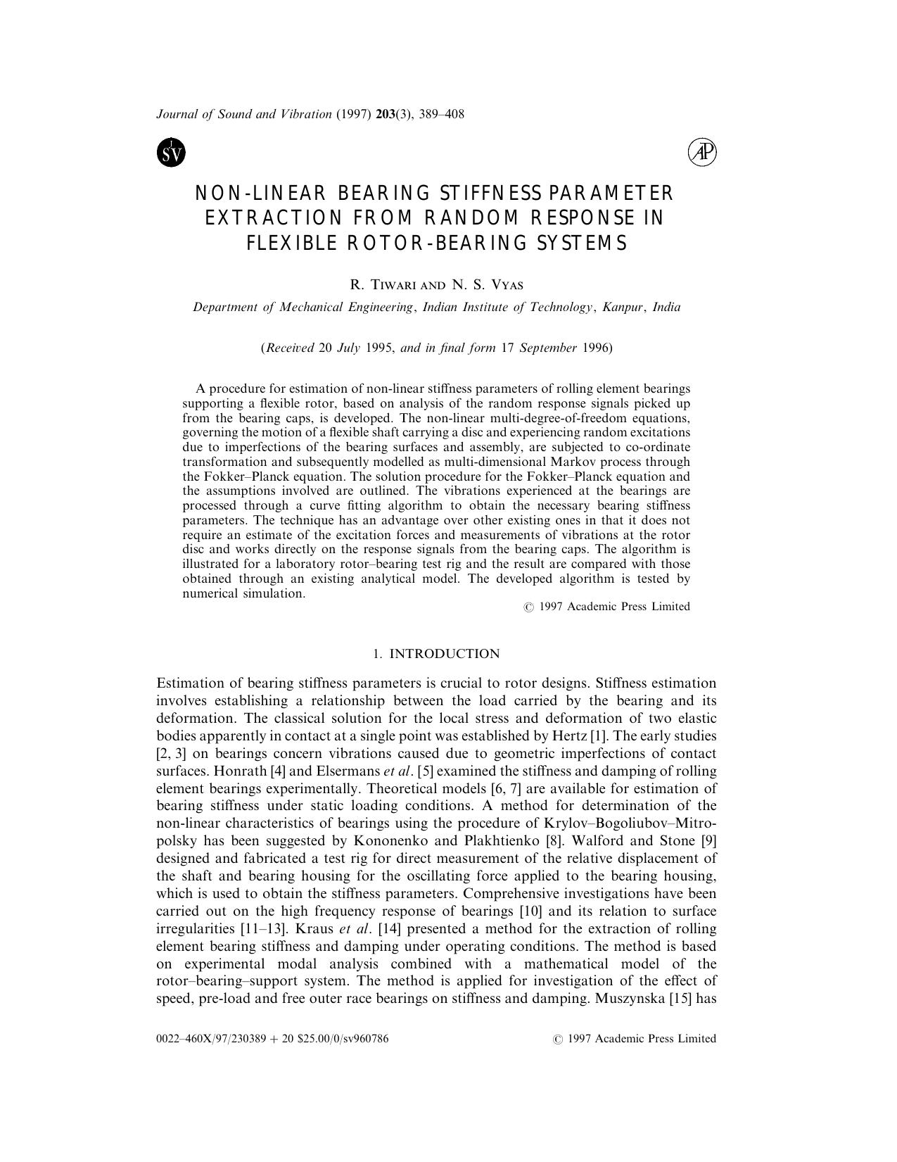 Non-Linear Bearing Stiffness Parameter Extraction from Random Response in Flexible Rotor-Bearing Systems by Tiwari R. & Vyas N. S