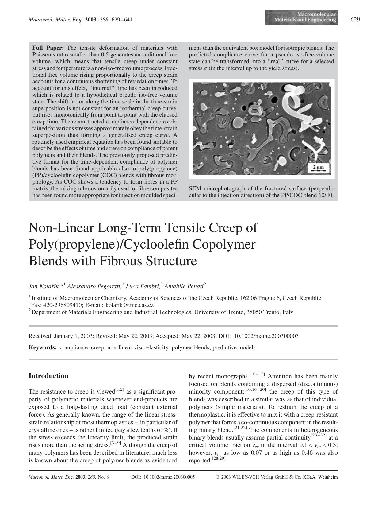 Non-Linear Long-Term Tensile Creep of Poly(propylene)Cycloolefin Copolymer Blends with Fibrous Structure by Unknown