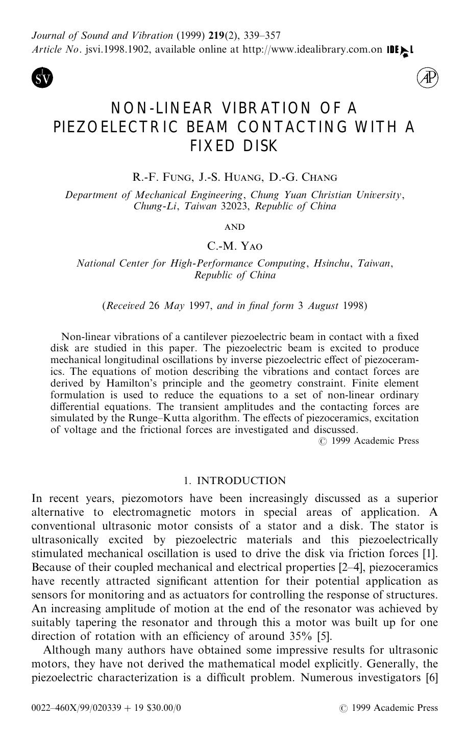 Non-Linear Vibration of a Piezoelectric Beam Contacting with a Fixed Disk by Fung R.-F. et al