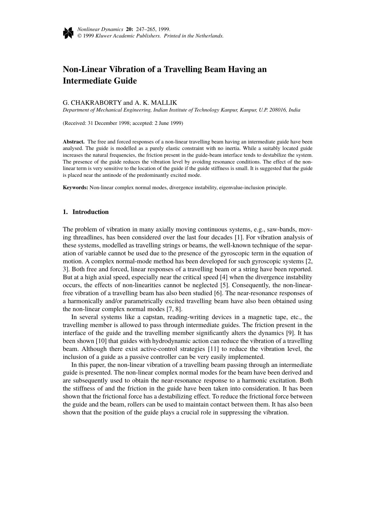 Non-Linear Vibration of a Travelling Beam Having an Intermediate Guide by Unknown