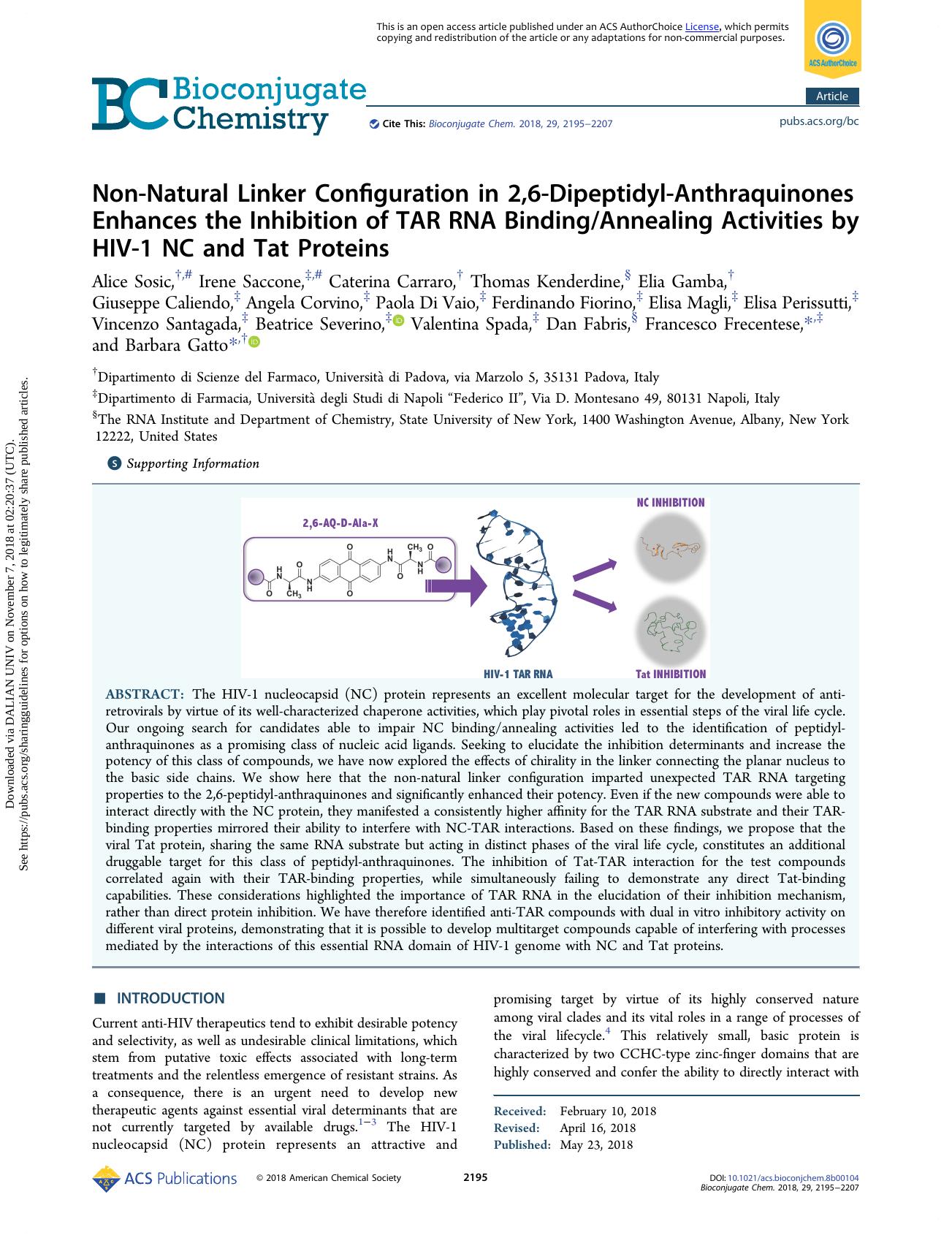 Non-Natural Linker Configuration in 2,6-Dipeptidyl-Anthraquinones Enhances the Inhibition of TAR RNA BindingAnnealing Activities by HIV-1 NC and Tat Proteins by unknow