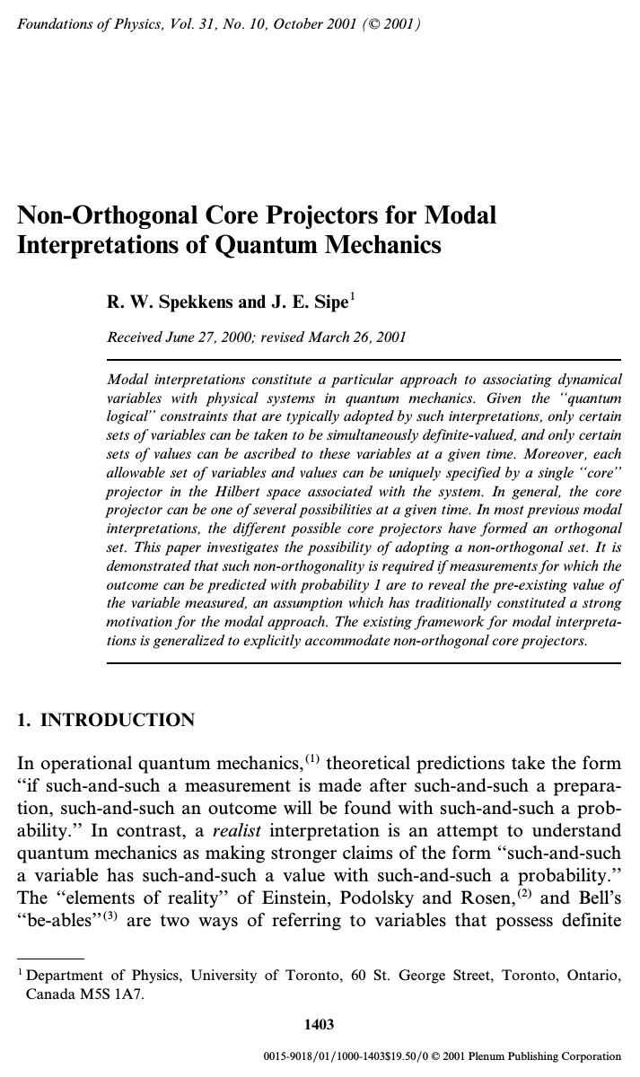 Non-Orthogonal Core Projectors for Modal Interpretations of Quantum Mechanics by Unknown