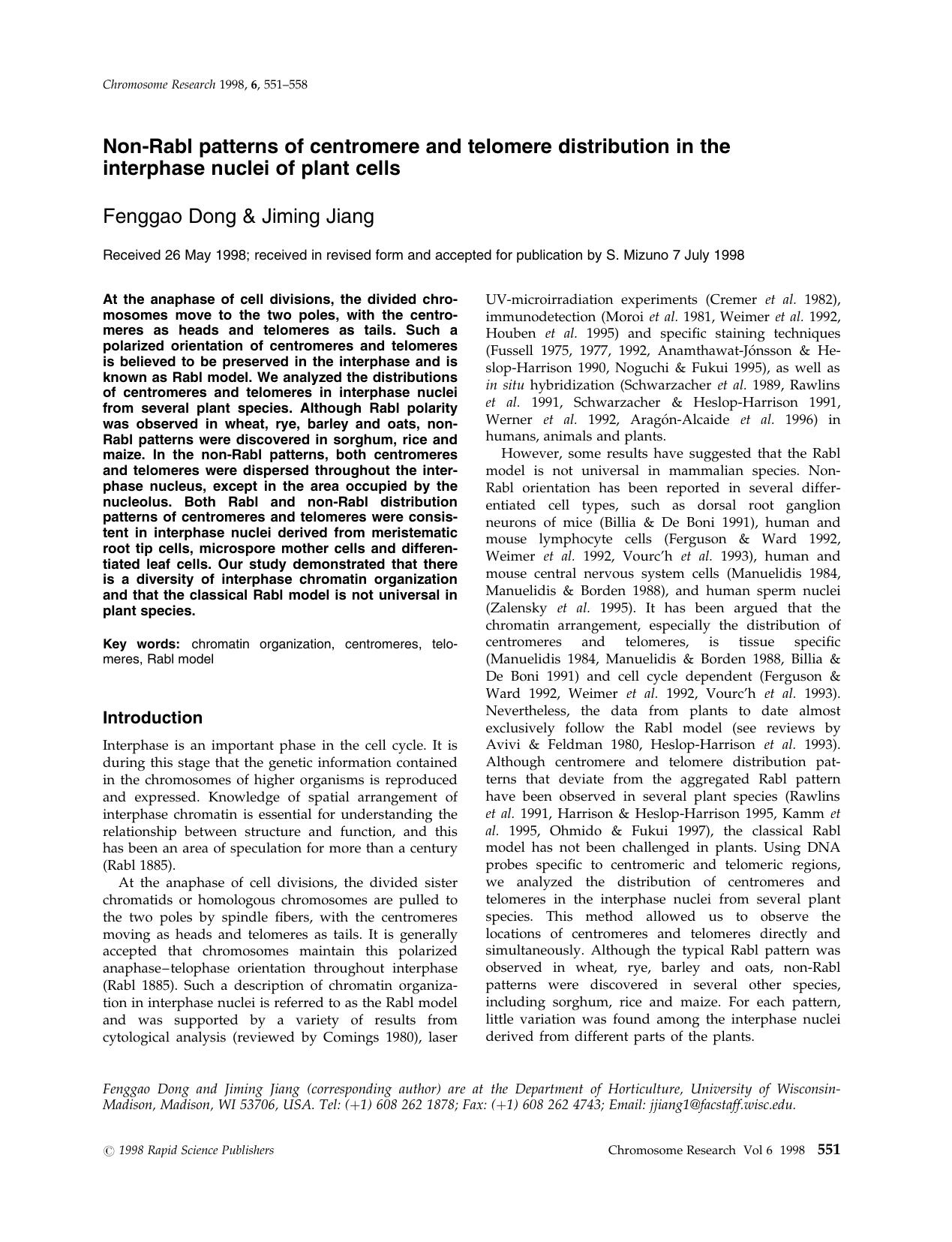 Non-Rabl Patterns of Centromere and Telomere Distribution in the Interphase Nuclei of Plant Cells by Unknown