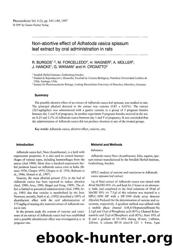 Non-abortive effect of Adhatoda vasica spissum leaf extract by oral administration in rats by R. Burgos & M. Forcelledo & H. Wagner & A. Müller & J. Hancke & G. Wikman & H. Croxatto