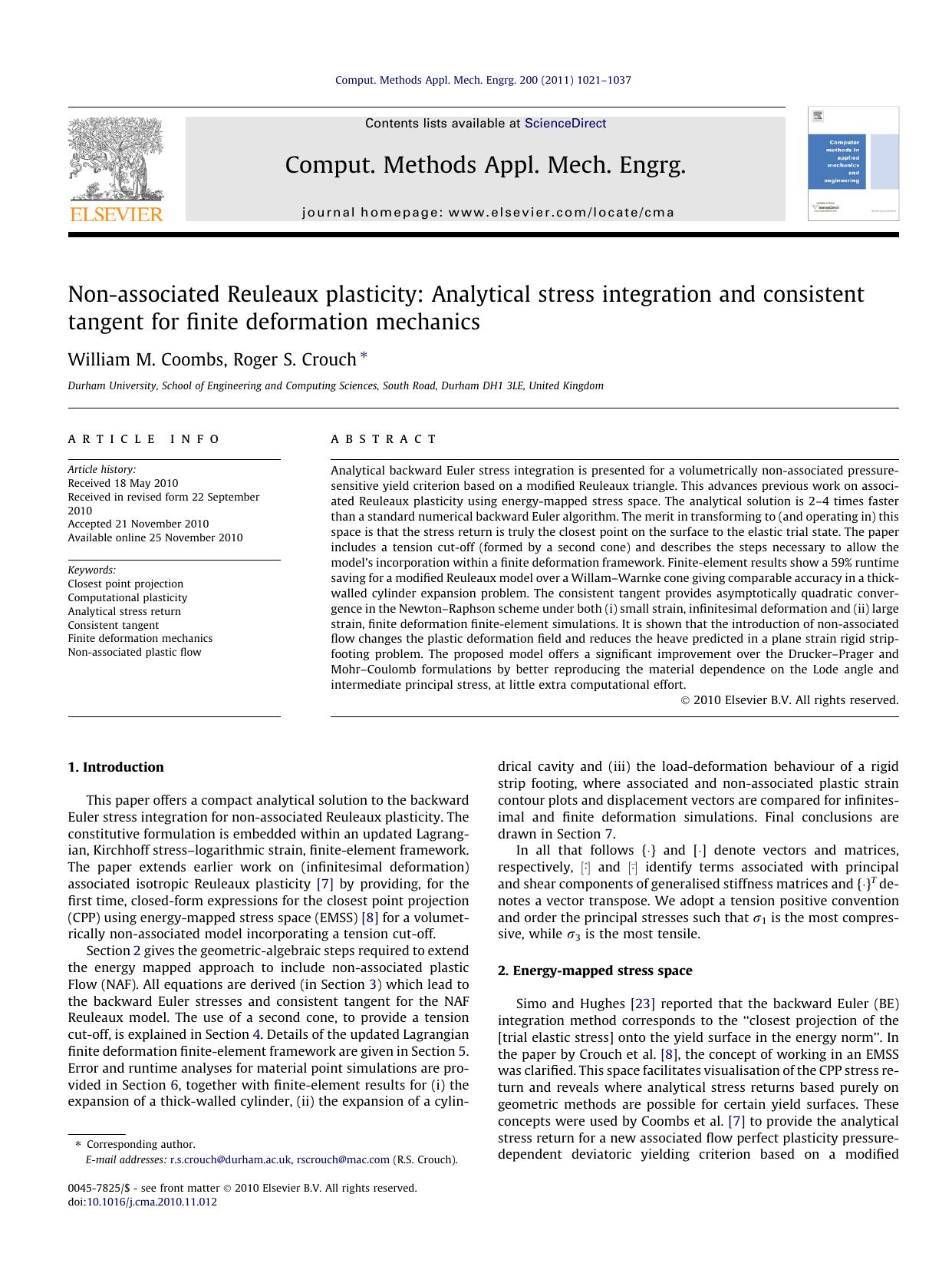 Non-associated Reuleaux plasticity: Analytical stress integration and consistent tangent for finite deformation mechanics by William M. Coombs & Roger S. Crouch