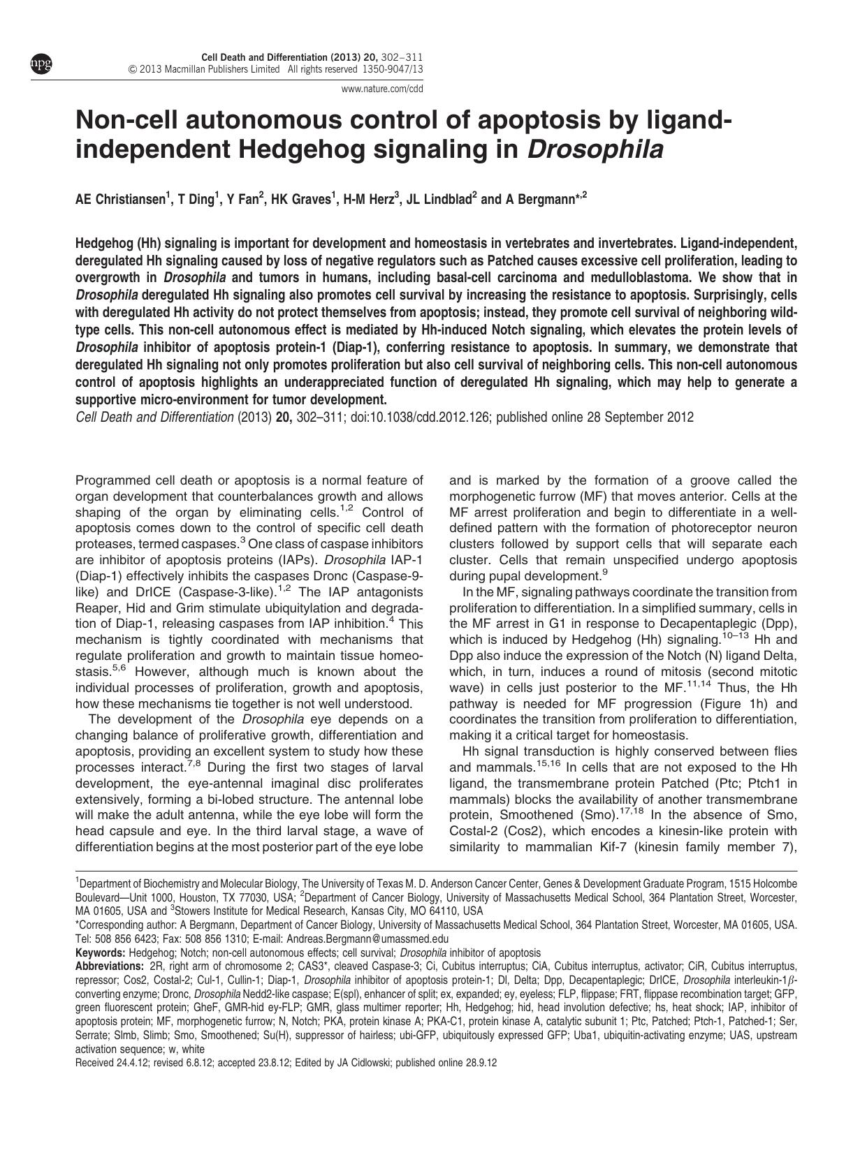 Non-cell autonomous control of apoptosis by ligand-independent Hedgehog signaling in Drosophila by A E Christiansen & T Ding & Y Fan & H K Graves & H-M Herz & J L Lindblad & A Bergmann &