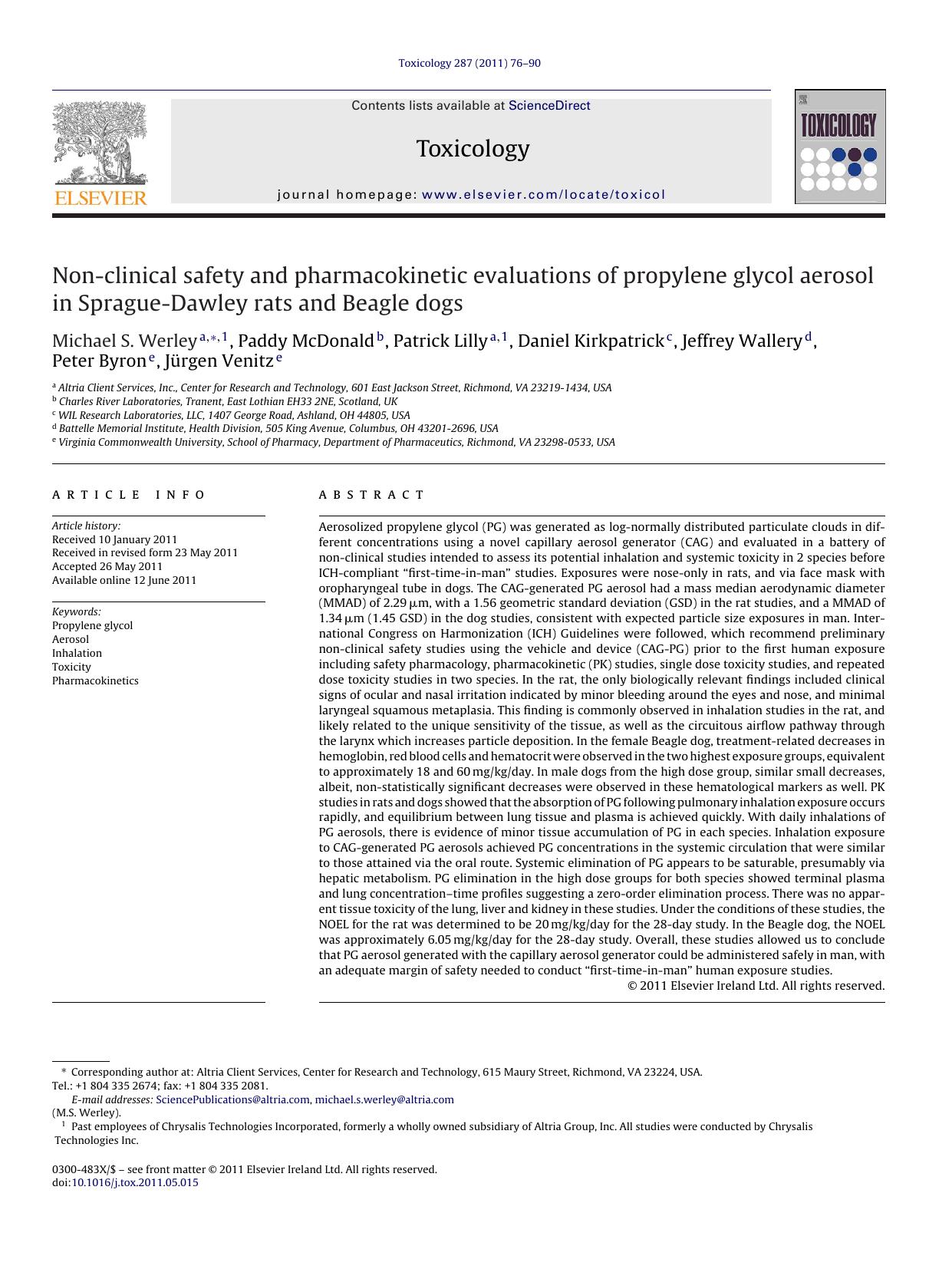Non-clinical safety and pharmacokinetic evaluations of propylene glycol aerosol in Sprague-Dawley rats and Beagle dogs by Michael S. Werley