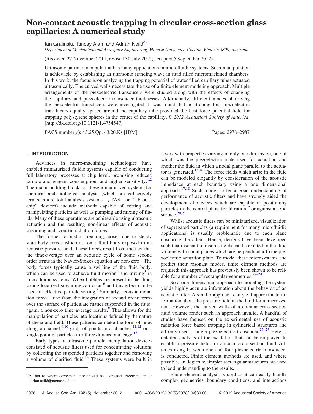Non-contact acoustic trapping in circular cross-section glass capillaries: A numerical study by Ian Gralinski Tuncay Alan and Adrian Neilda)