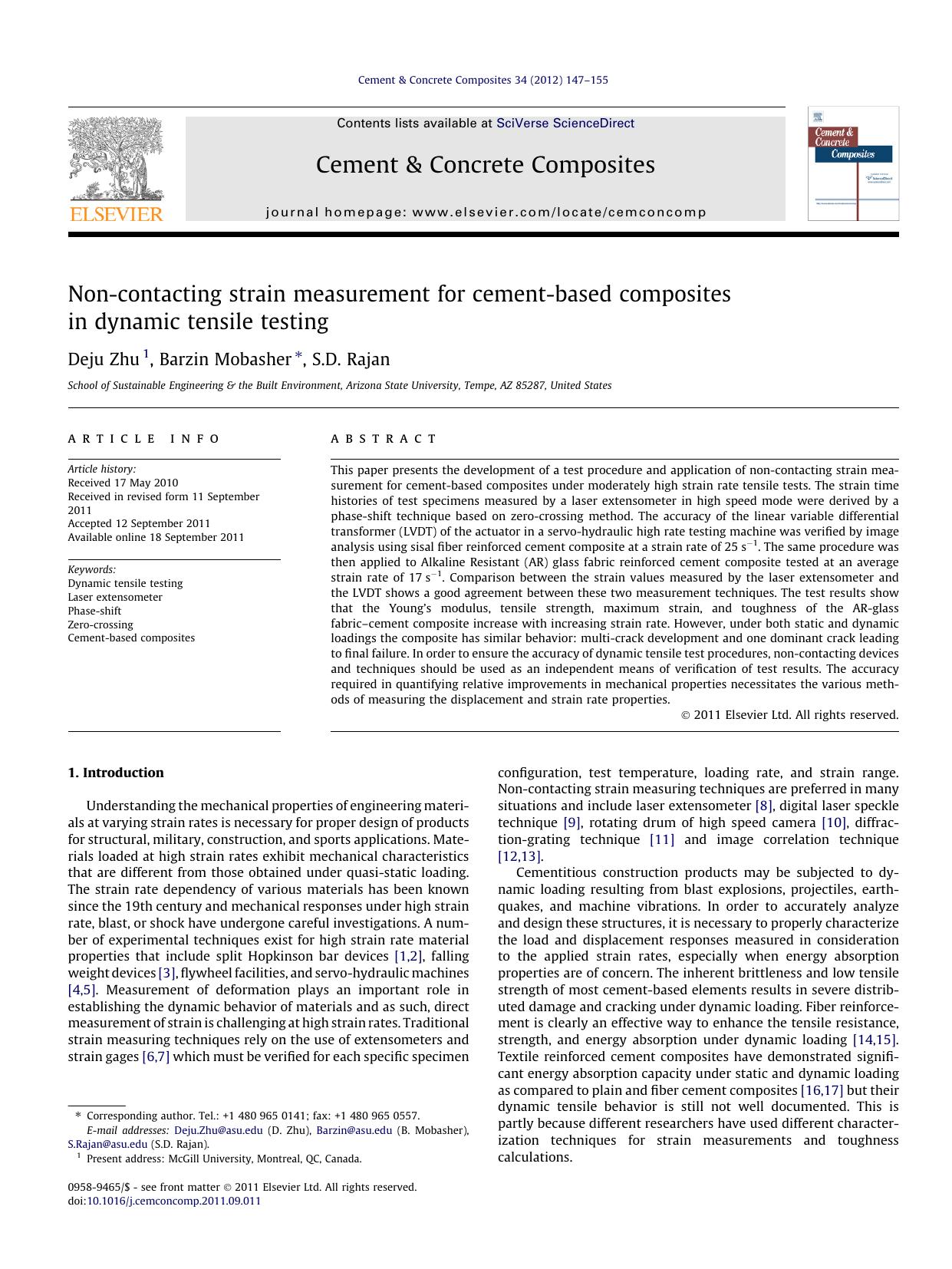 Non-contacting strain measurement for cement-based composites in dynamic tensile testing by Deju Zhu & Barzin Mobasher & S.D. Rajan
