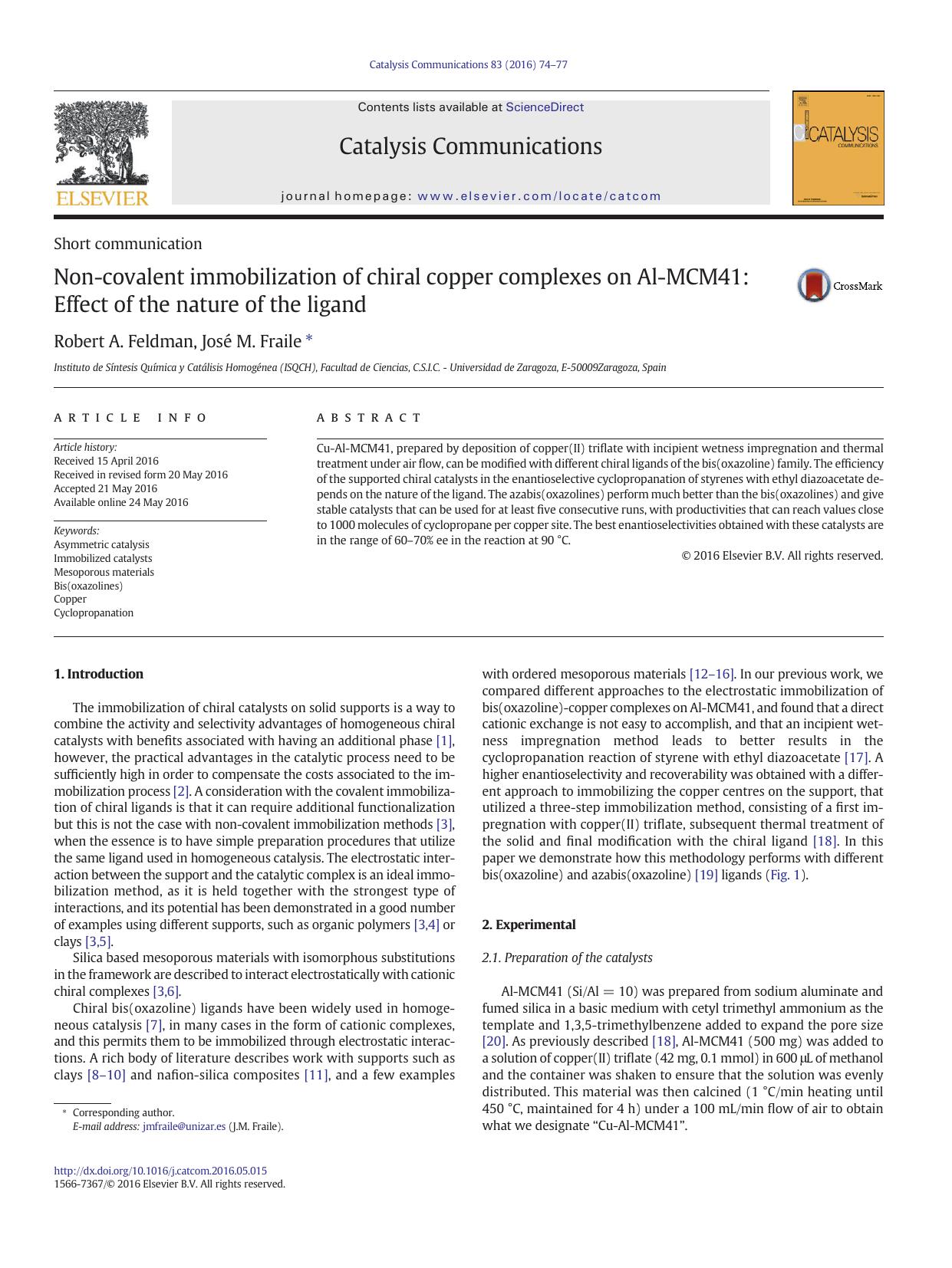 Non-covalent immobilization of chiral copper complexes on Al-MCM41: Effect of the nature of the ligand by Robert A. Feldman & José M. Fraile