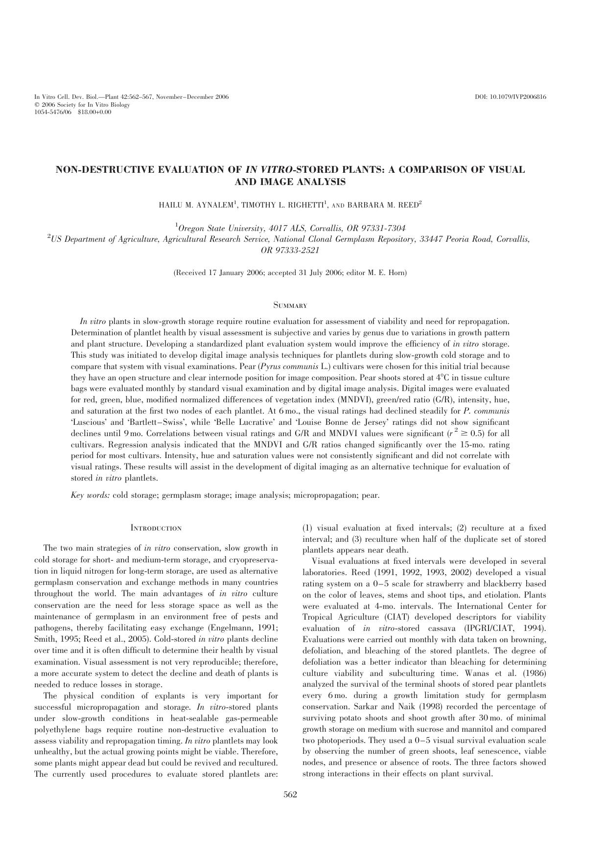 Non-destructive evaluation of <Emphasis Type="Italic">in vitro<Emphasis>-stored plants: A comparison of visual and image analysis by Unknown
