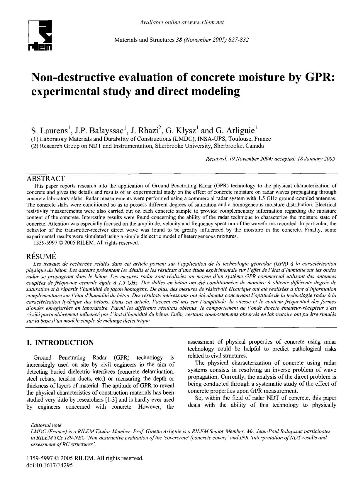 Non-destructive evaluation of concrete moisture by GPR: Experimental study and direct modeling by Unknown